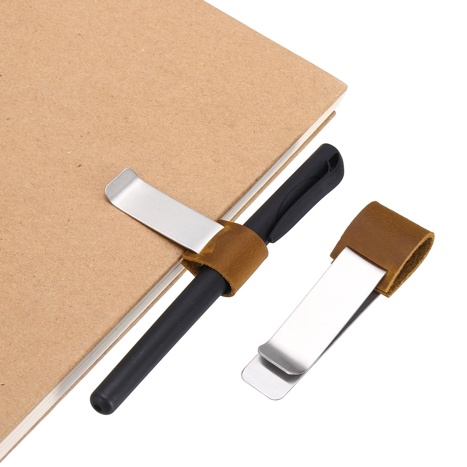 PATIKIL Pen Loop for Notebook, Brass Retro Leather Pencil Holder Pen Clip for Notebook Clipboards Pocket Office Traveler Journals Planner, Brown/Silver