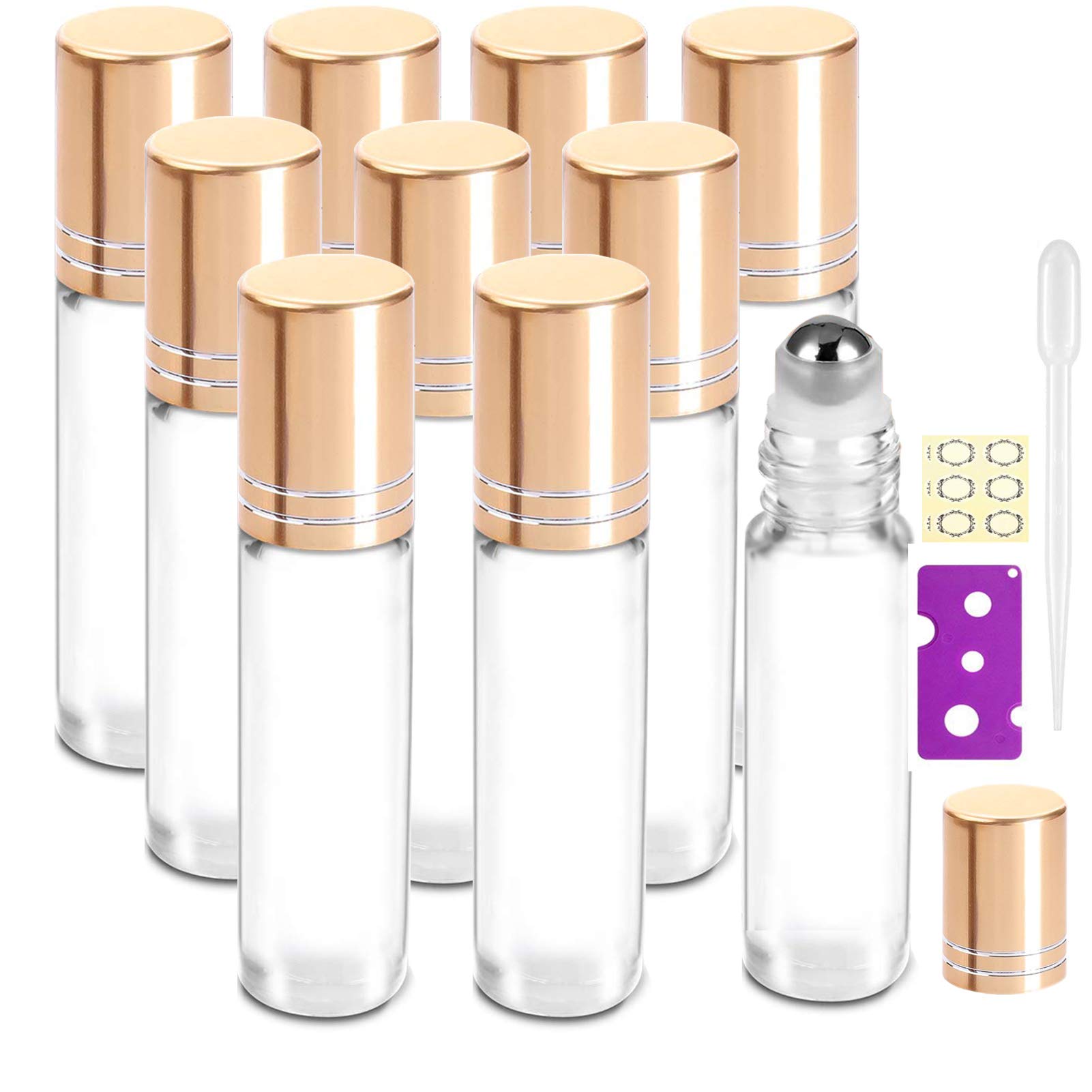 Alledomain10Pcs, 10ml Transparent Essential Oil Roller Bottles Refillable Clear Glass Roll on Bottles Clear Roll Bottles with Stainless Roller Balls & Golden Cap, Include Labels, Dropper & Opener