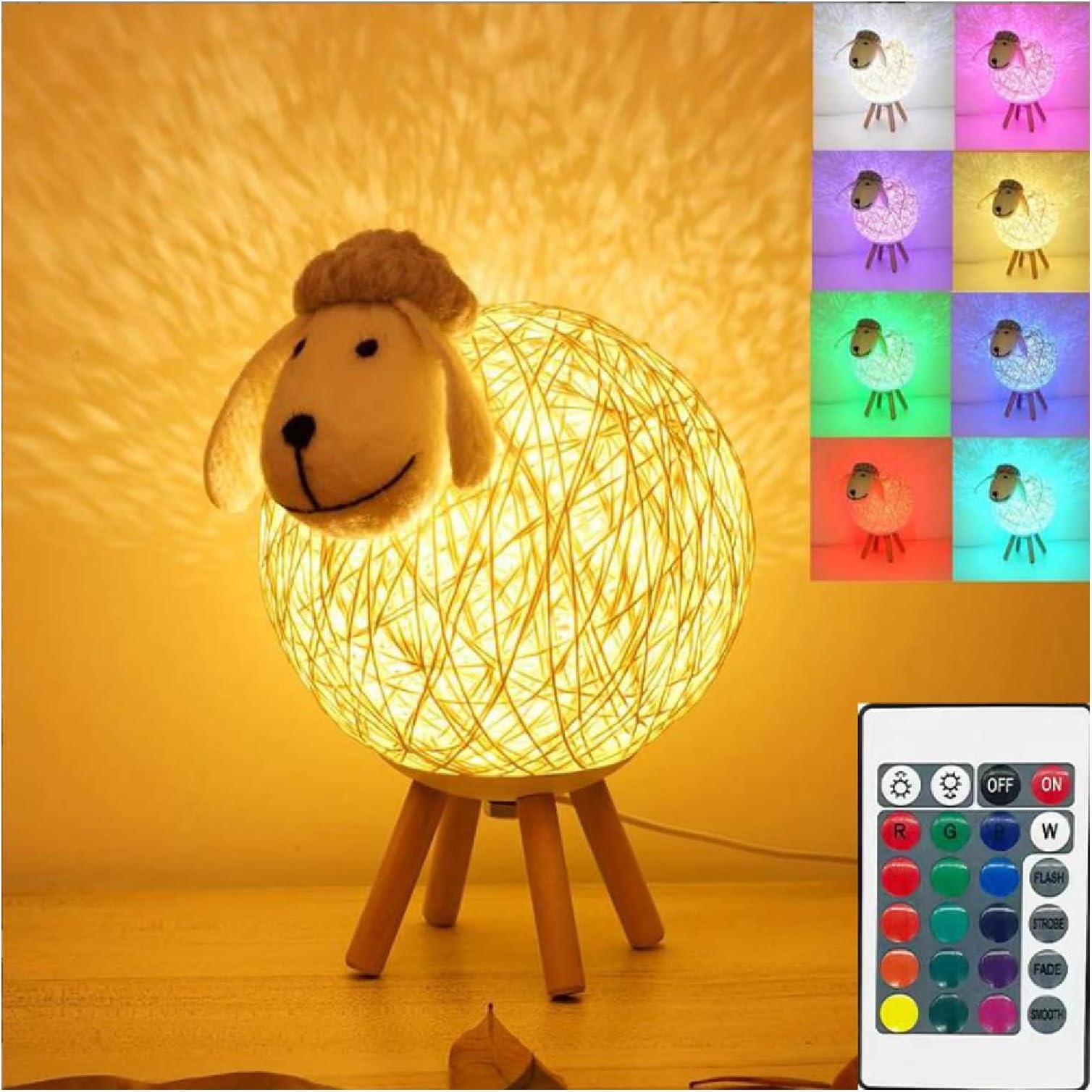 Night Light for Kids,Cute Little Sheep LED Lamp Bedside Lamp,Rechargeable LED Night Light for Kids,16-Colors & 4 Molds Dimmable Nursery Nightlight,Wooden Rattan Lamp Bedside Lamp with Remote Control