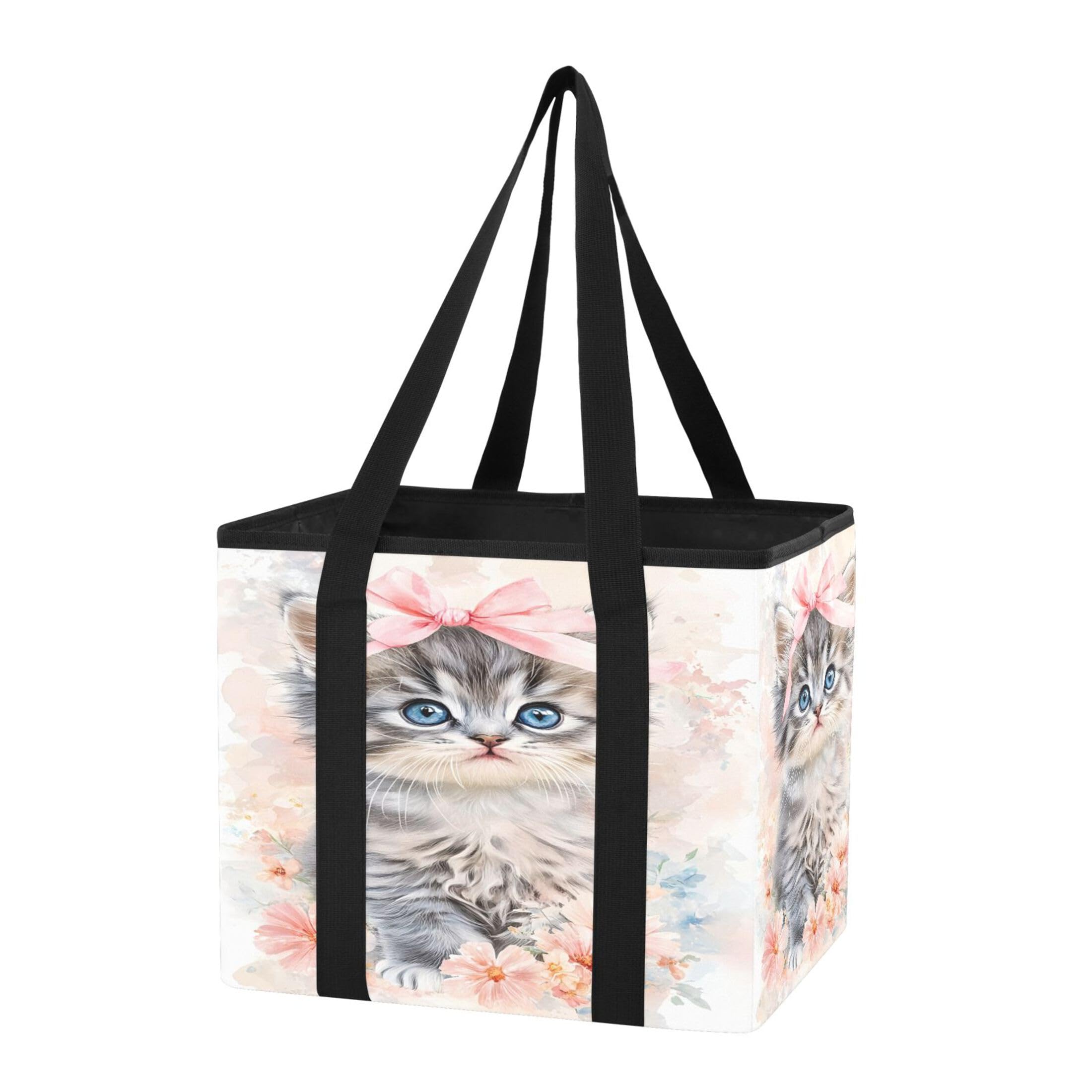 Kutsu Car Trunk Organizer Cute Kitten Flowers Collapsible Storage Organizers Oxford Car Storage Bin with Reinforced Handles, Non-slip Universal Fit SUV Truck Van, 1 Pack