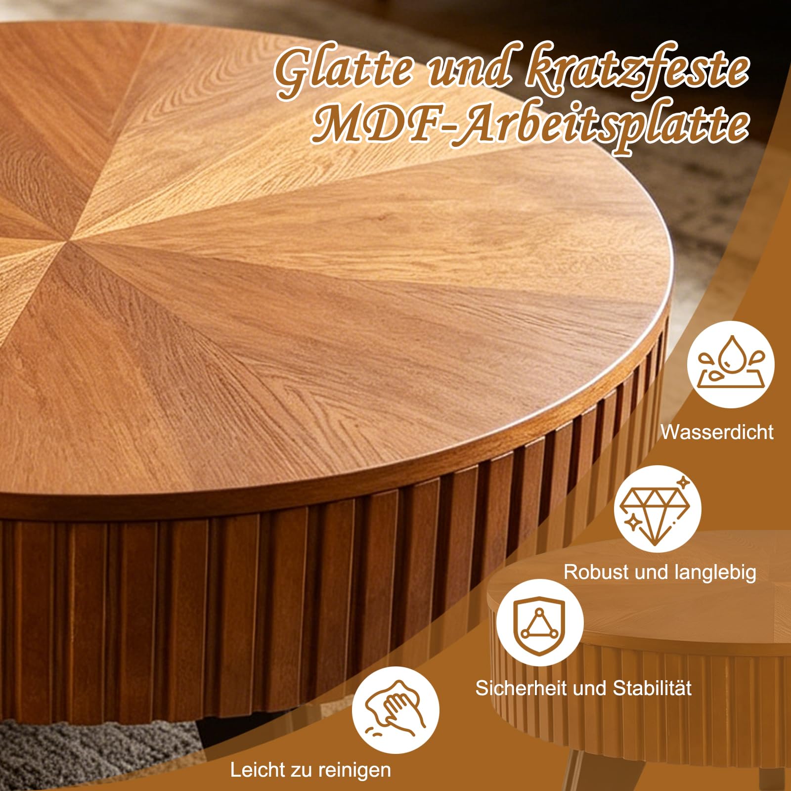 TWSOUL Runder Couchtisch 80cm, Retro Holzoptik mit Rillen & Stauraum, Stabil mit 3 Massivholzbeinen, Moderner Wohnzimmertisch für Apartment, Büro & kleine Räume, Natur