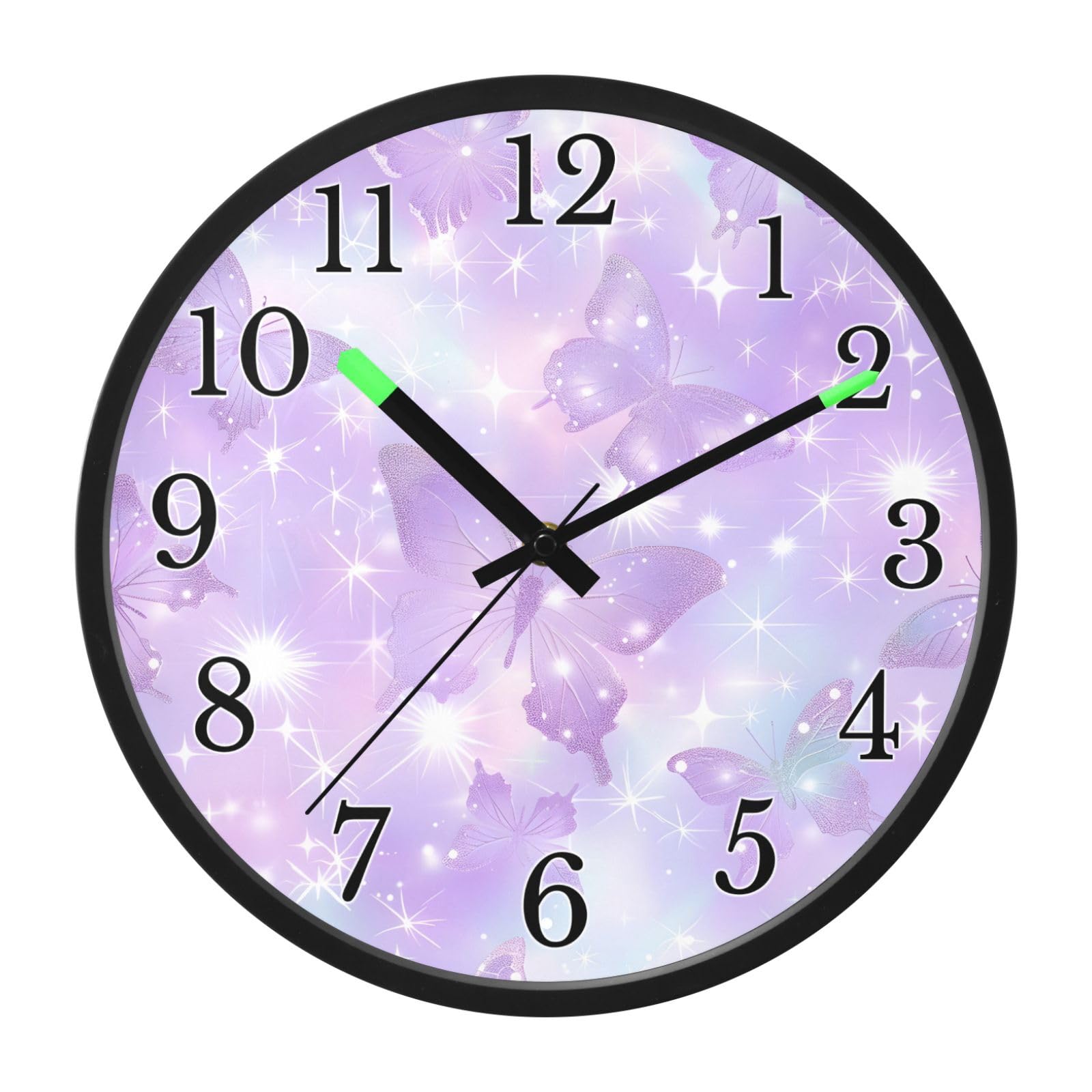 Mnsruu Reloj de pared luminoso con mariposas moradas, reloj de pared brillante que brilla en la oscuridad, funciona con pilas, reloj de luz nocturna silencioso sin tictac para dormitorio