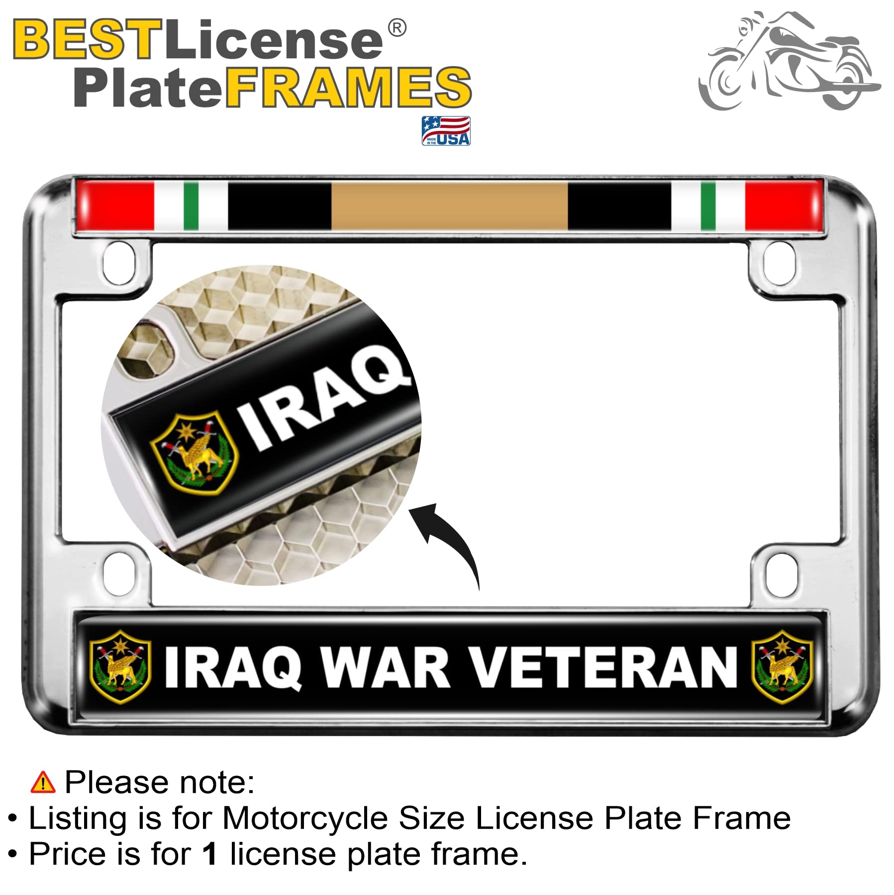 Motorcycle Metal License Plate Frame with Iraq War Veteran Design - Picture 12 of 18