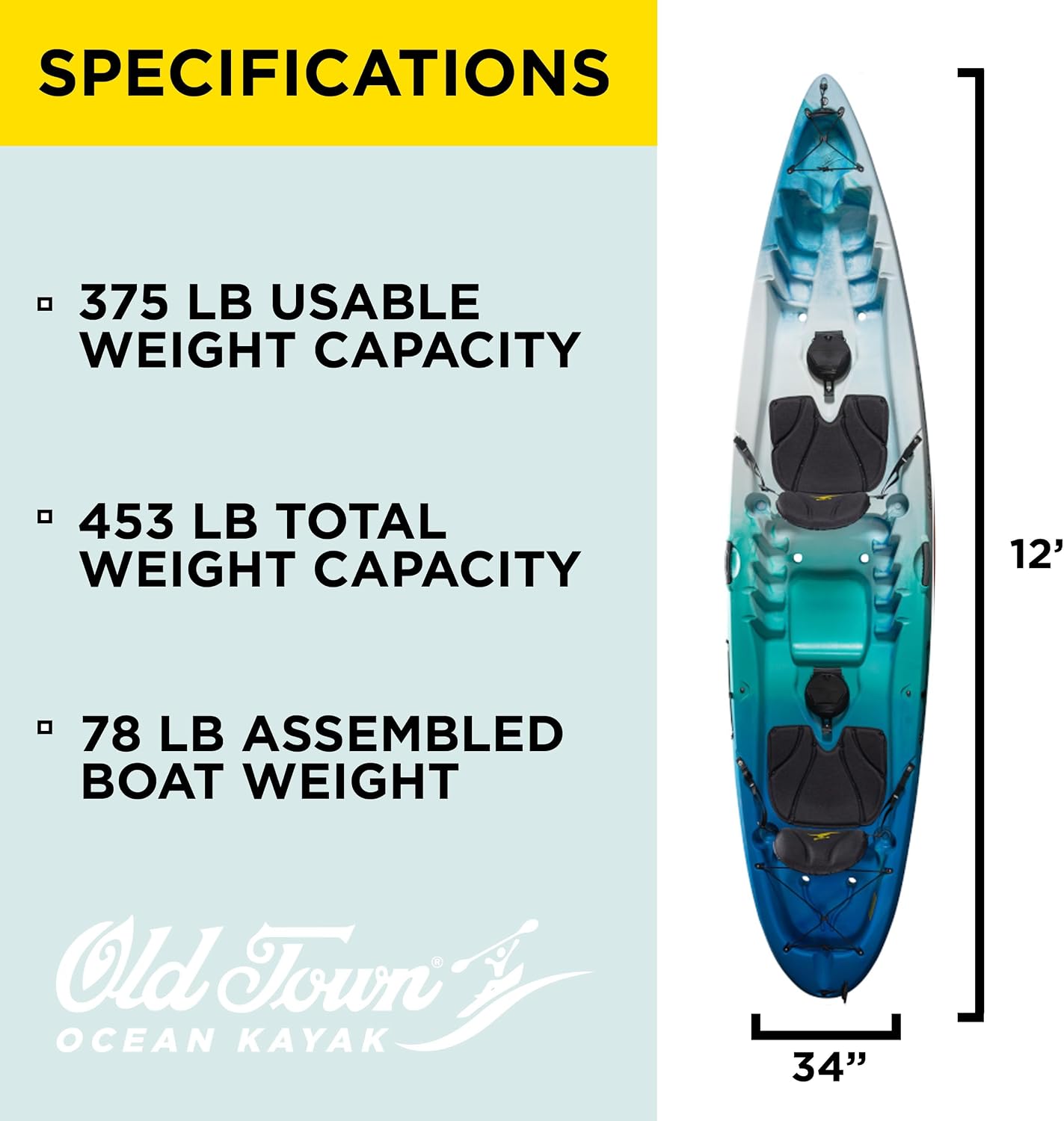 Old Town Ocean Kayak Malibu Two 2 Person Sit-on-Top Recreational Paddle Kayak, 12 ft