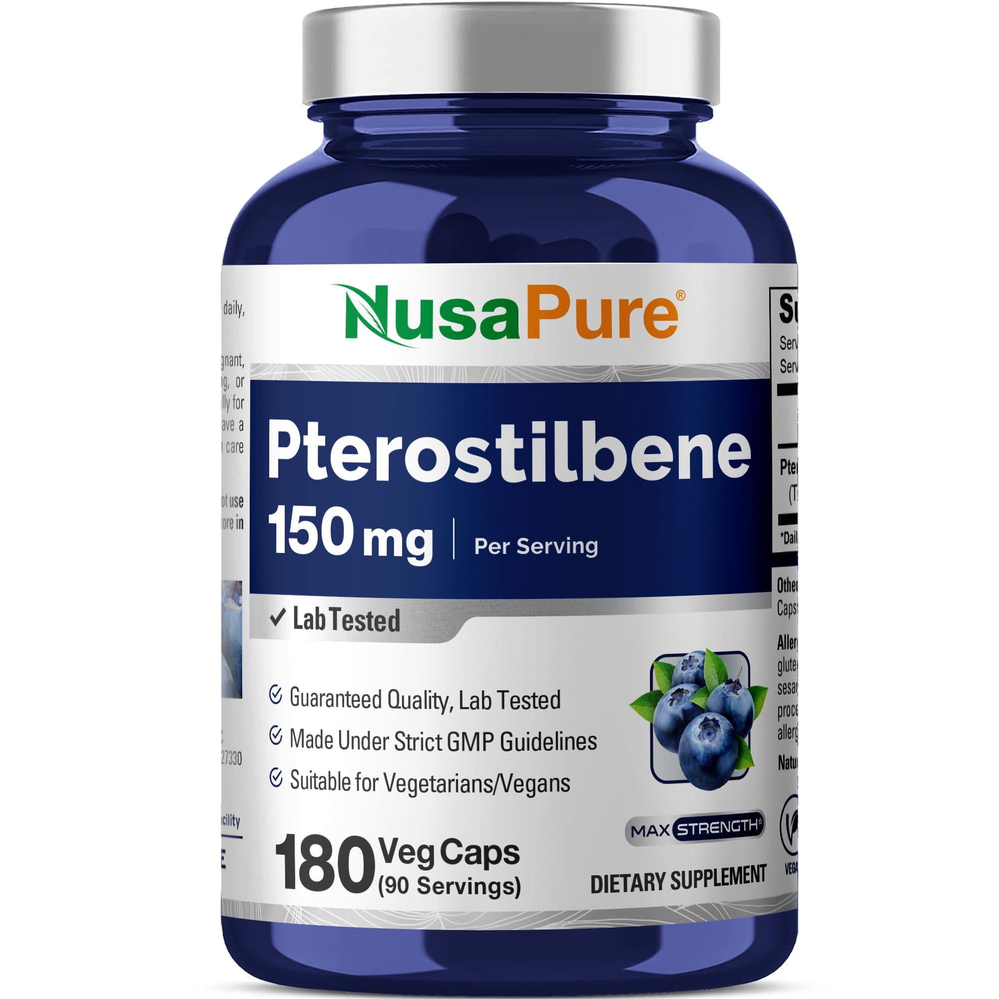 NusaPure Pterostilbene 150mg 180 Veggie Caps (Non-GMO & Gluten Free)