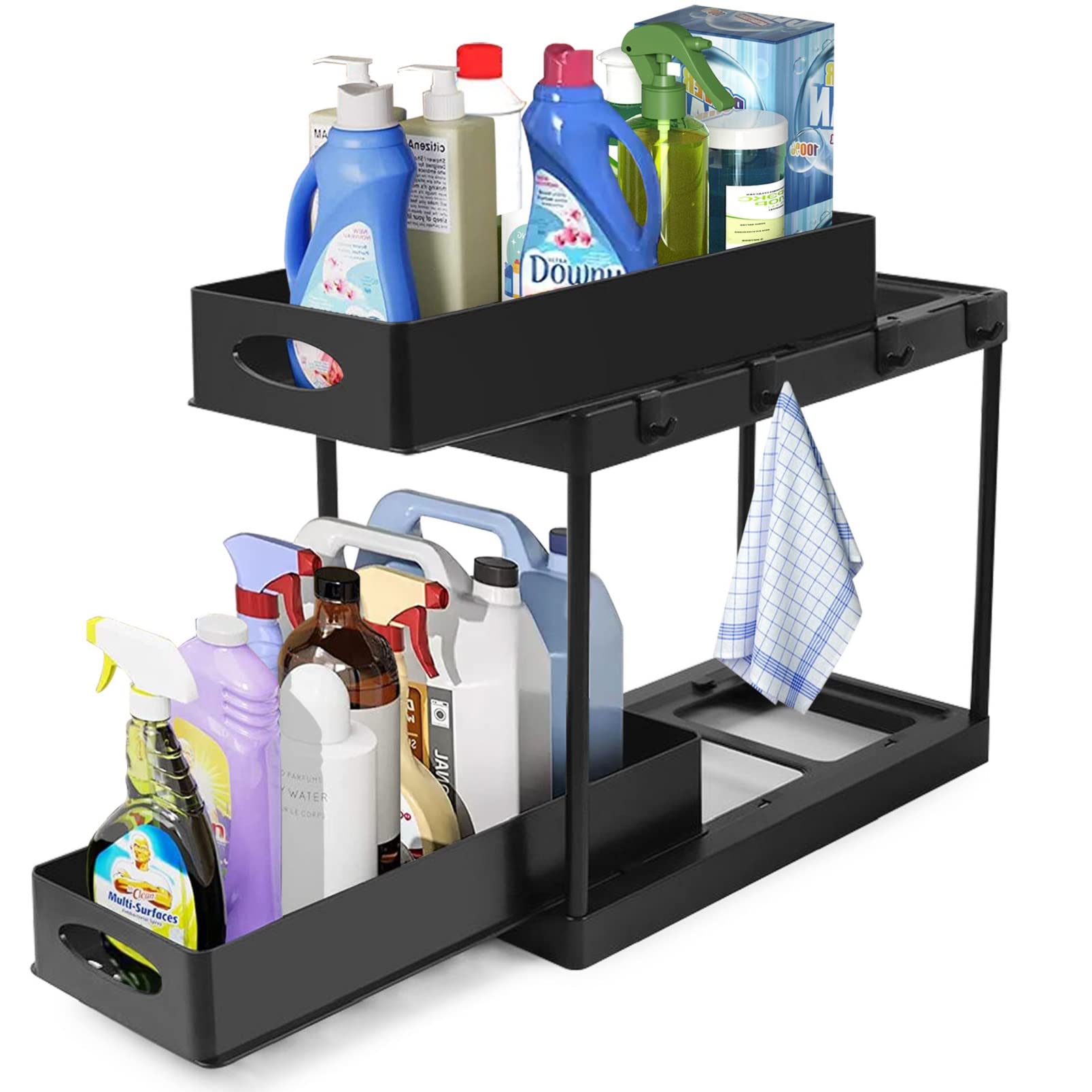 HTPARY Double Sliding Cabinet Organizer Drawer Storage, 2 Tier Slide Out Cabinet Organizer Drawer, Bathroom Organizer Drawers with 4 Hooks, Under Sink Organizers for Kitchen Home