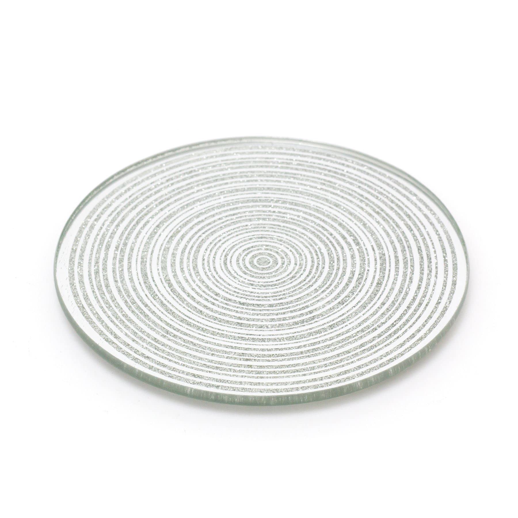 10cm Silver Swirl Mirrored Glass Glitter Coaster | Round Mirror Glass Display Candle Plate | Mirrored Candle Tray