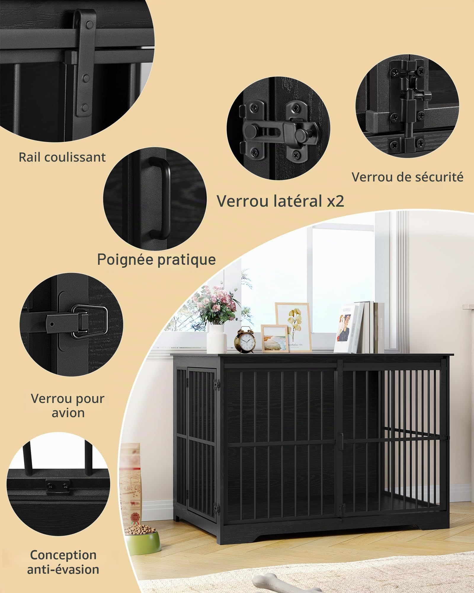 Hzuaneri 110cm Cage pour Chiens, Table d’Appoint, Niche Moderne pour Chiens, Cage pour Chiots, Maisonnette pour Animaux, 2 Portes, 110 × 65 × 81 cm, Noire DFC84404B
