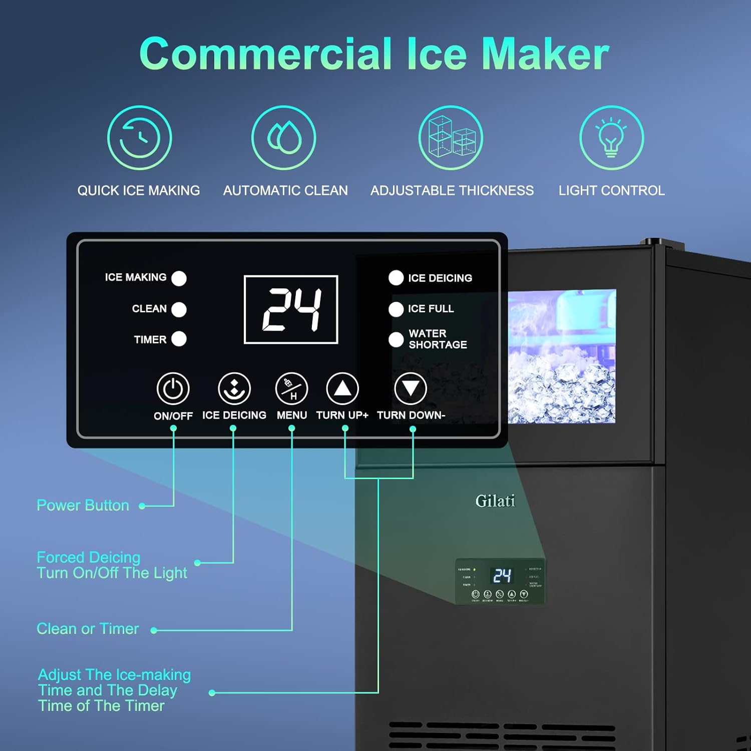 Commercial Ice Maker 160Lbs/Day, Quick Ice Making Commercial Ice Machine with 35Lbs Capacity, Under Counter Ice Maker 15 Inch Wide, Stainless Steel Freestanding Ice Maker with A Black Satin Finish