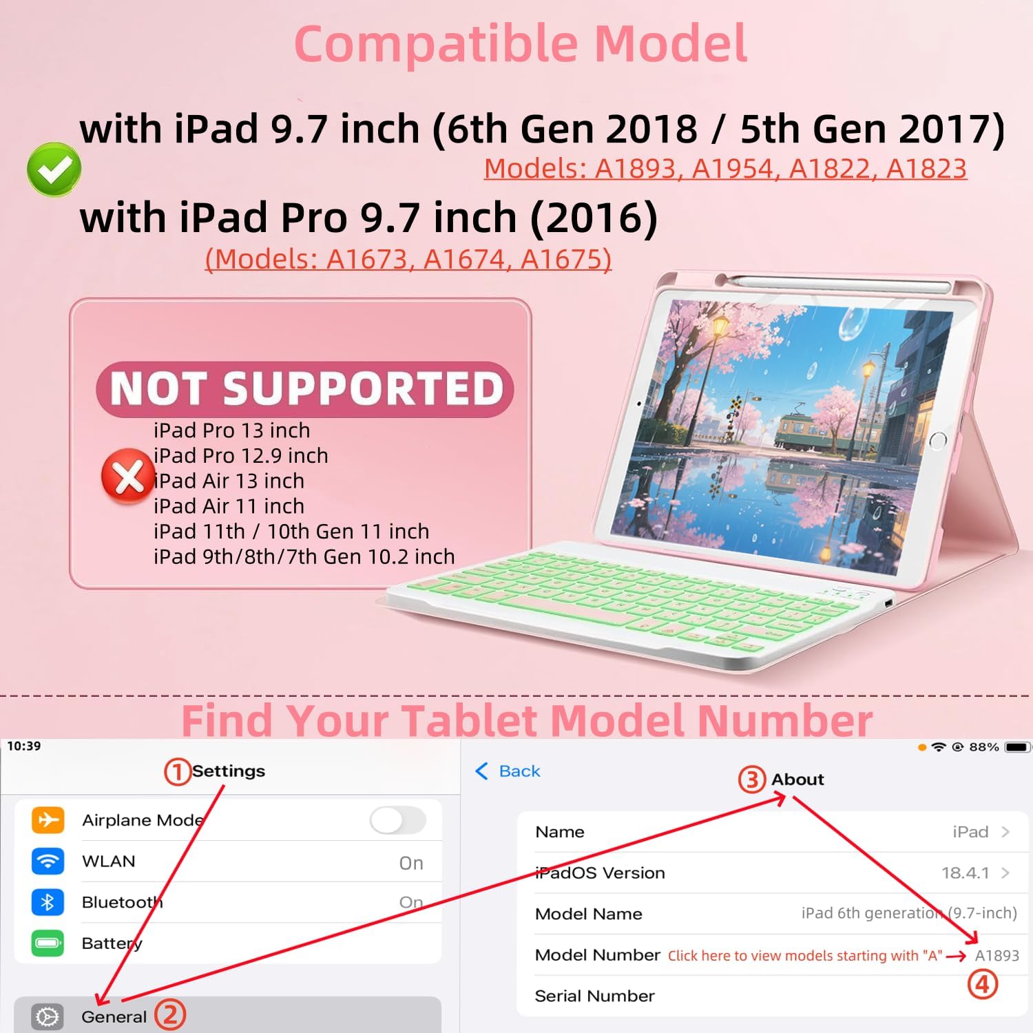 Keyboard Case for iPad 9.7 (6th Gen 2018 / 5th Gen 2017) / Pro 9.7 inch (2016) - 7 Colors Backlit Keyboard Cover and Mouse (Pink)