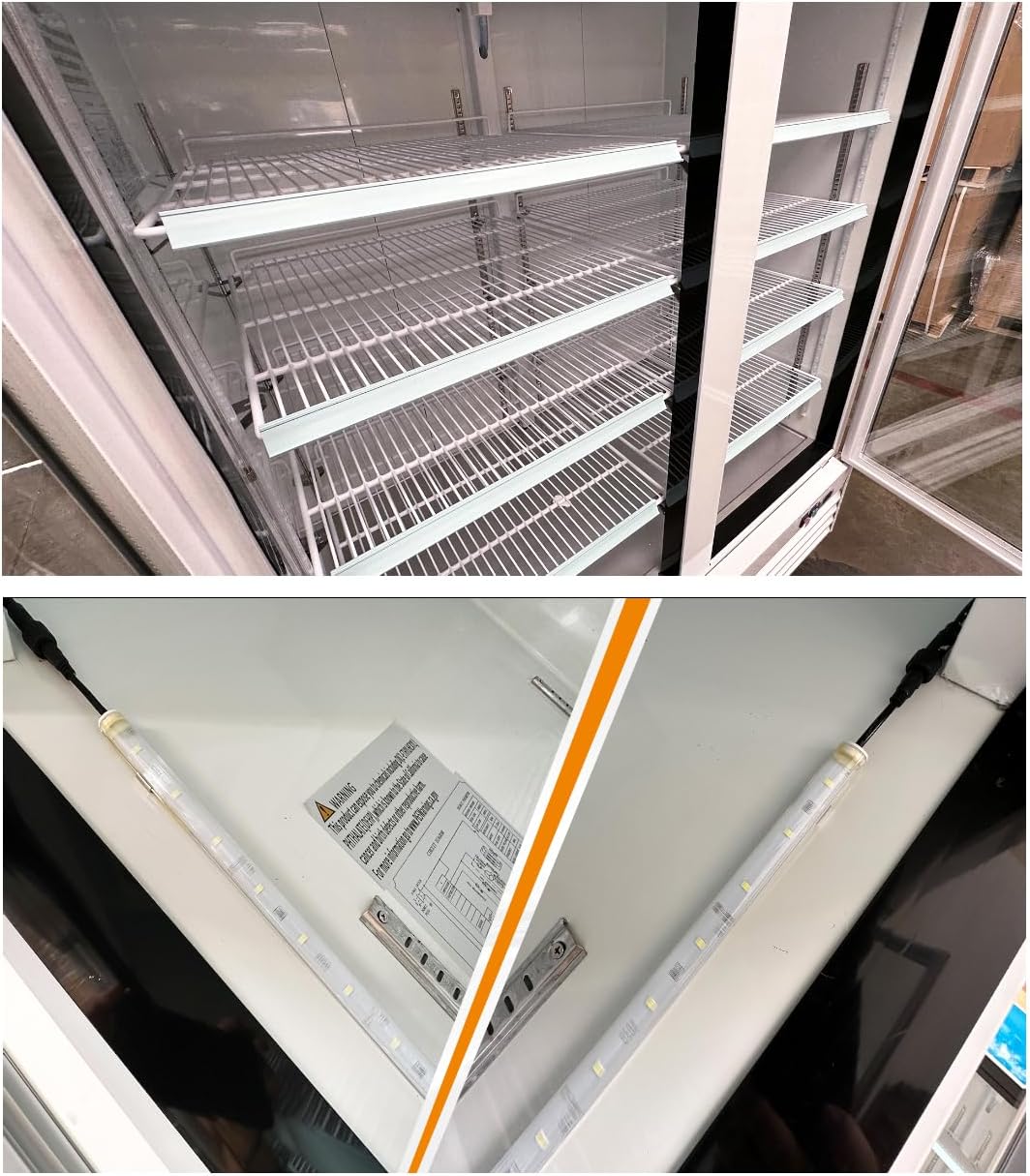 Interiér view of the refrigerator showing adjustable shelves and LED lighting