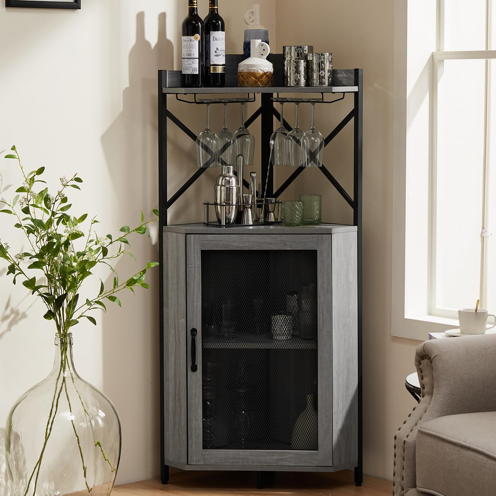 Corner Wine Cabinet Wine Bar Cabinet with Storage Corner Bar Cabinet with  Glass Holder Liquor Cabinet Bar for Home with Adjustable Shelf and Mesh Door