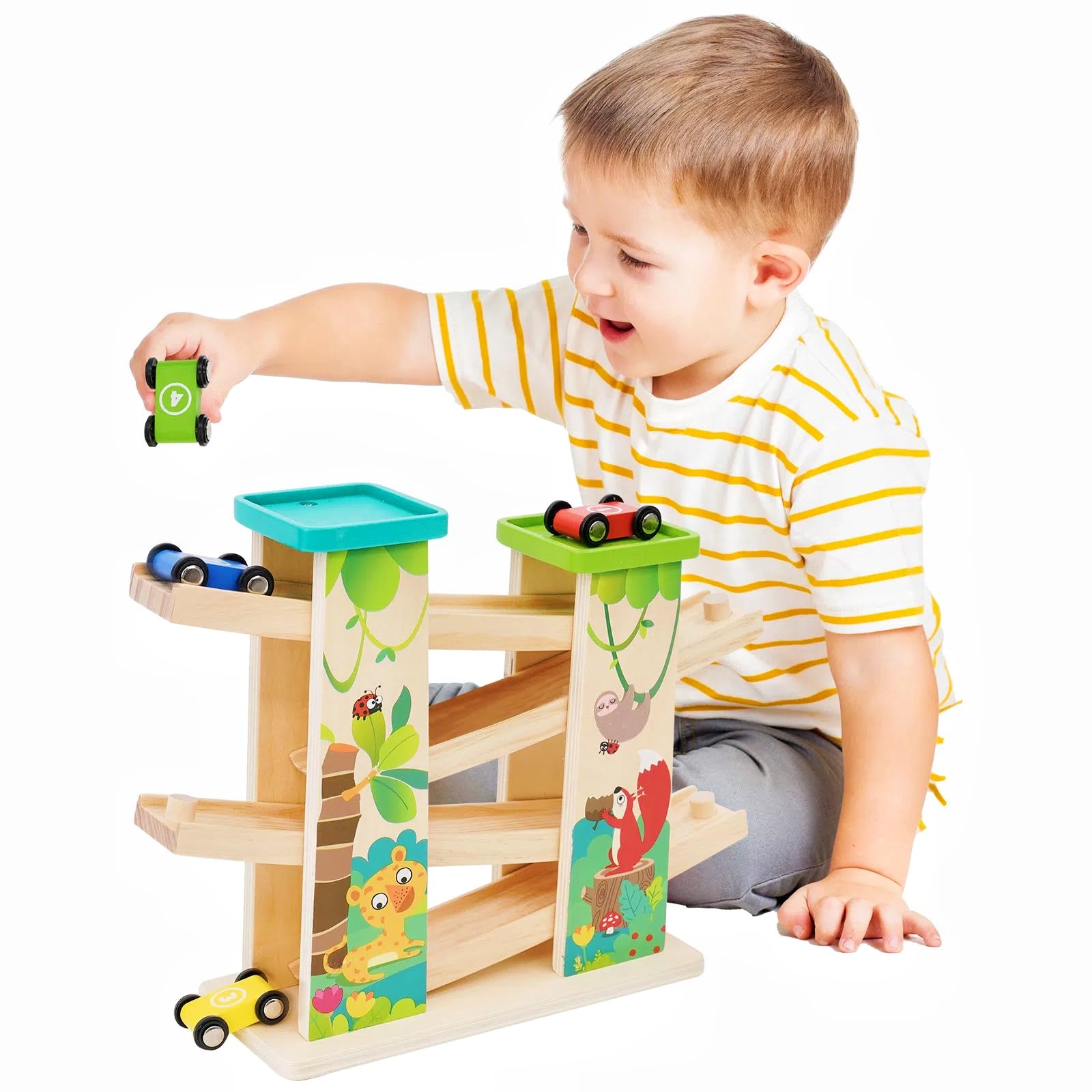 Wooden Race Track Car Ramp Racer for Baby Double Sided,Garage Toys for 3 4 5 Year Old Boys Girls with 4 Mini Cars,Montessori Gifts & Present for Toddler Christmas