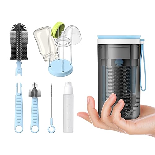 Miniatura 7 de Cepillo de viaje para botellas con estante portátil de secado de botellas, esenciales de viaje para bebé, color rosa