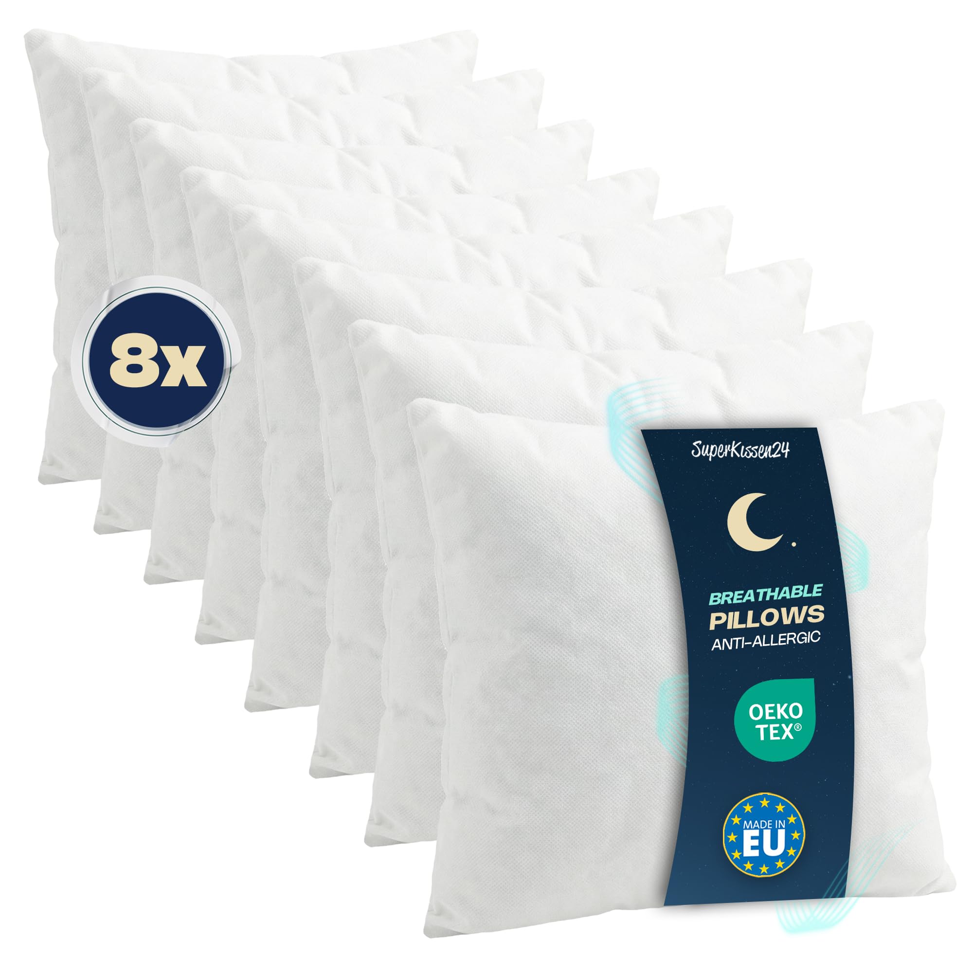 SuperKissen24. Kissen 8er Set - Allergiker Kissenfüllung - Waschbar Innenkissen - Füllkissen - Dekokissen und Relaxkissen mit Polyester Kissenfüllung - Flauschig Kopfkissen - Sofakissen - 40x40 cm