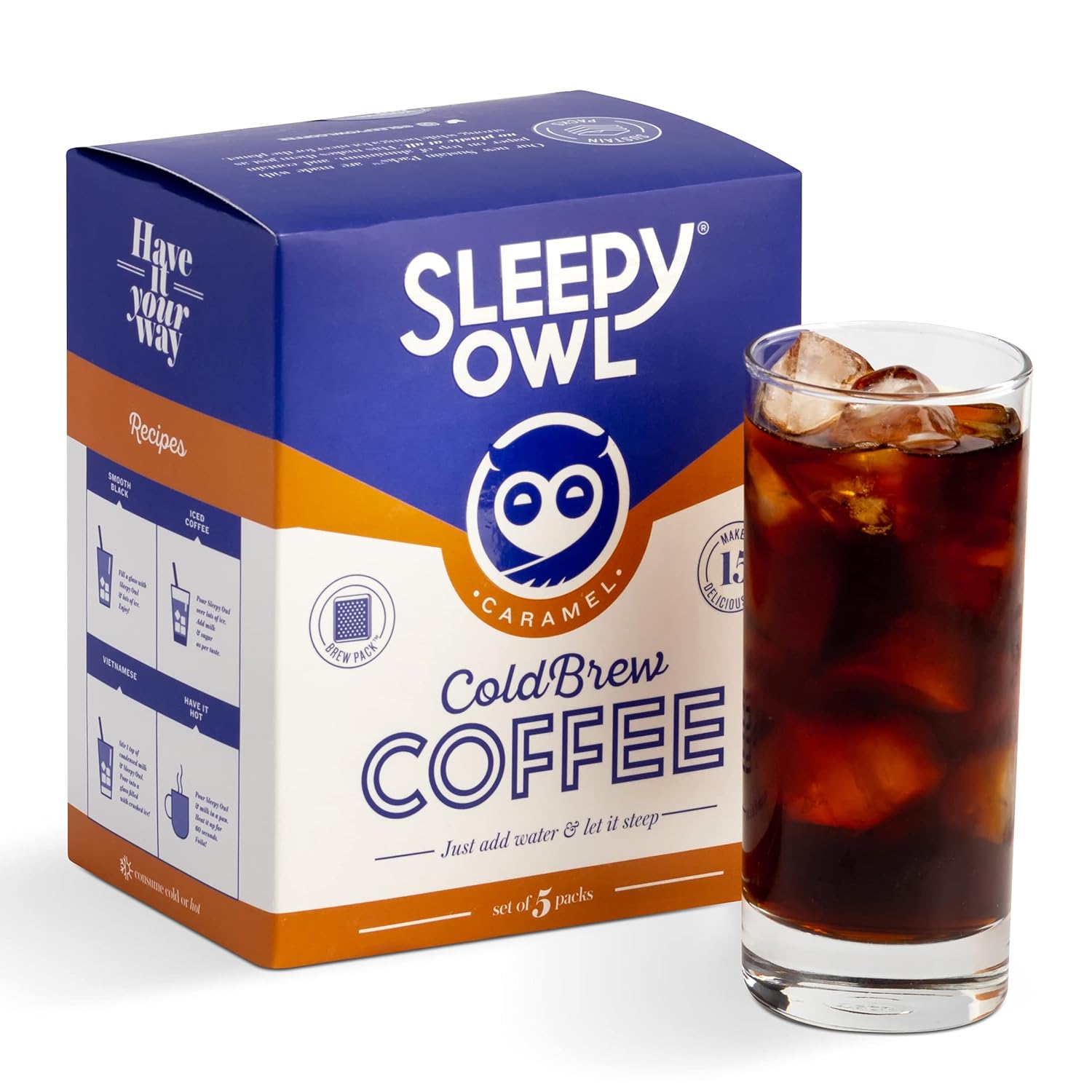 Sleepy Owl Coffee Caramel Cold Brew Packs Set of 5 Packs Makes 15