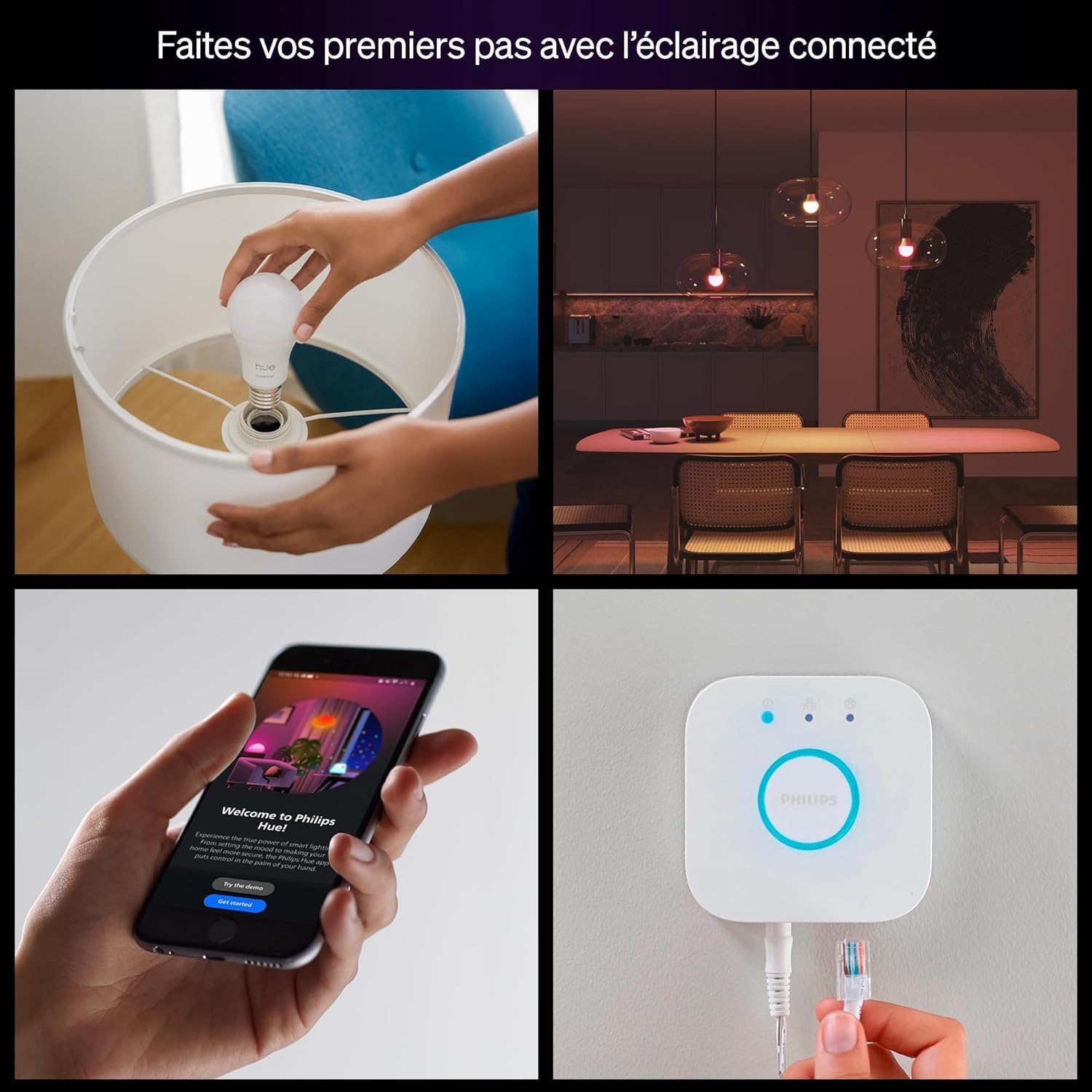 Philips Hue Essential Kit de démarrage avec Bridge + 4 ampoules connectées E27 Essential, White and Color Ambiance, 2200-6500 K, Ampoule Philips Hue compatible Alexa, Google Assistant, Apple Home