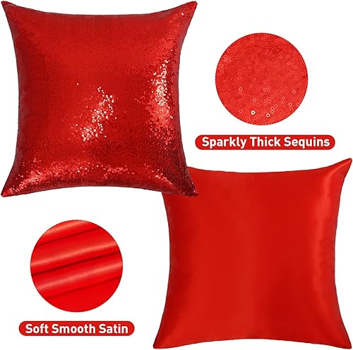 Miniatura 2 de SquarePie Juego de 4 fundas de almohada de lentejuelas, 18 x 18 pulgadas, fundas de almohada decorativas rojas, fundas de cojín cuadradas brillantes