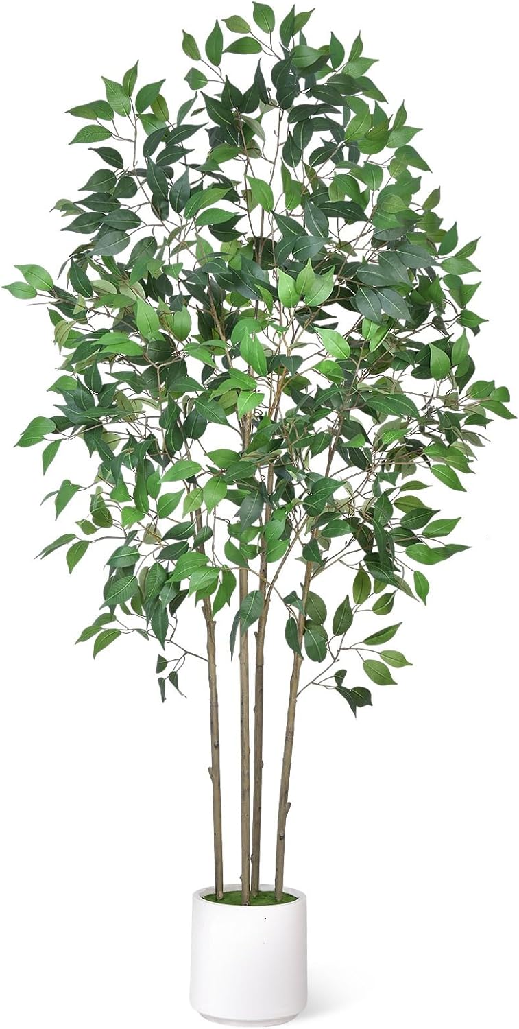 Timoo Ficus Tree Artificial 6 FT Tall Faux Plants Indoor Fake Tree with White Tall Planter, Artificial Plants Indoor Faux Tree with Full Realistic Leaves, Fake Plant for Home Office Corner Decor