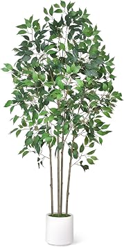 Timoo Ficus Tree Artificial 6 FT Tall Faux Plants Indoor Fake Tree with White Tall Planter, Artificial Plants Indoor Faux Tree with Full Realistic Leaves, Fake Plant for Home Office Corner Decor
