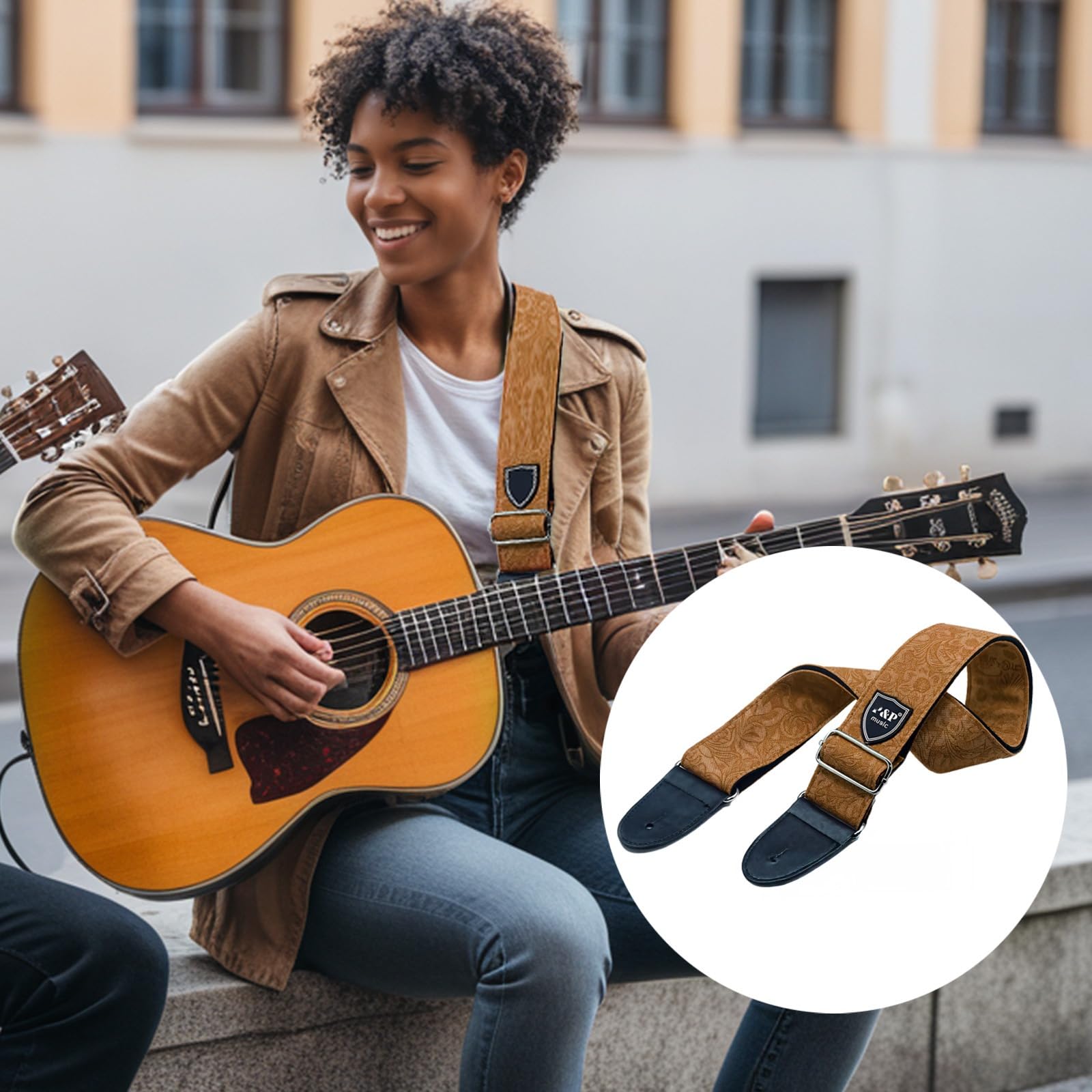 Generisch Pasek na gitarę, regulowany bawełniany pasek na ramię w stylu vintage, do gitary akustycznej, gitary elektrycznej i basowej, 80 - 13,5 cm - 53,5 cm, szerokość 5 cm, ze skórzanymi końcówkami