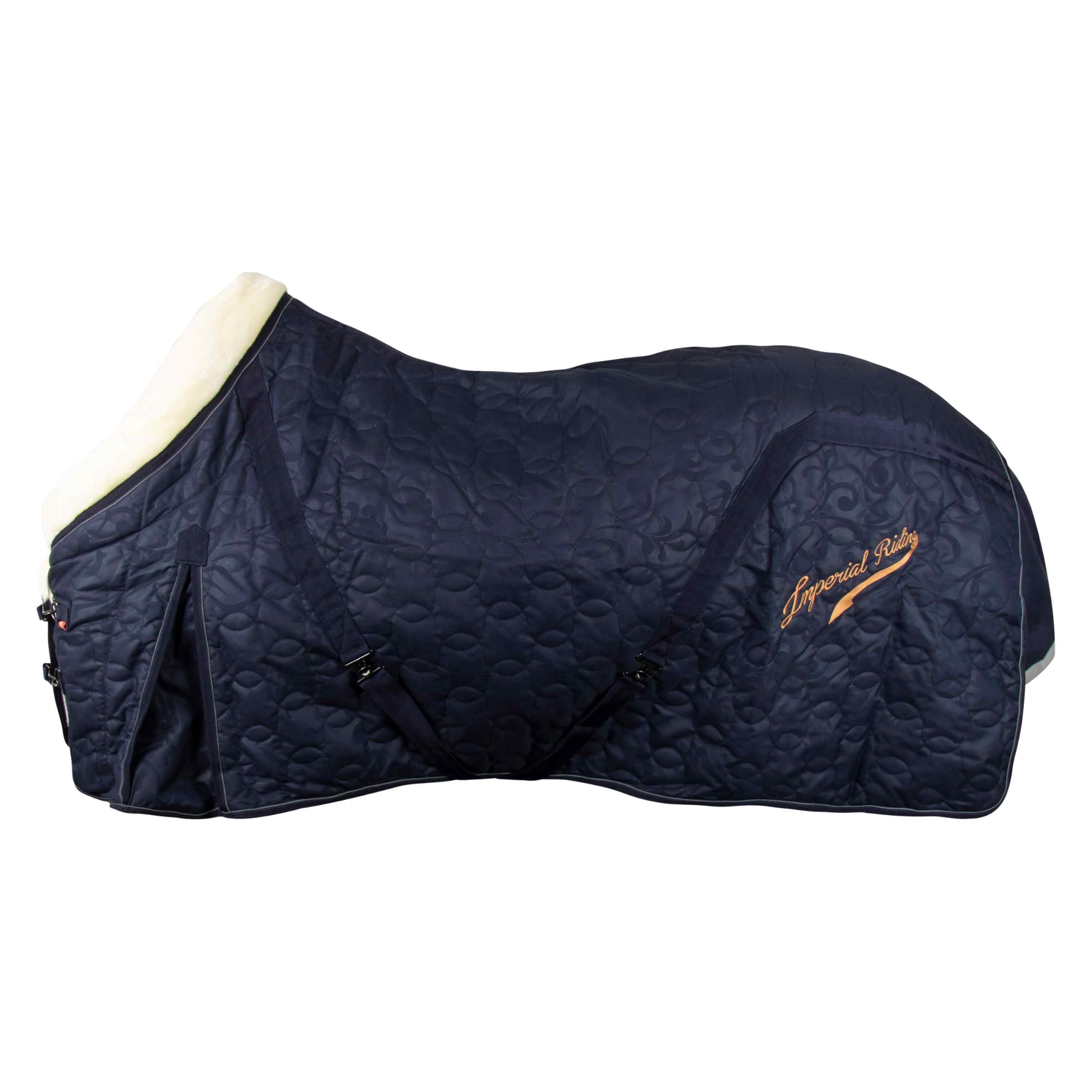 Imperial Riding Stalldecke IRH Super-Dry 200 g, warme Pferde-Stalldecke mit Kunstfellkragen, Super-Dry-Material, Kreuzgurten, Schweifkordel und Gehfalte, Navy, 85