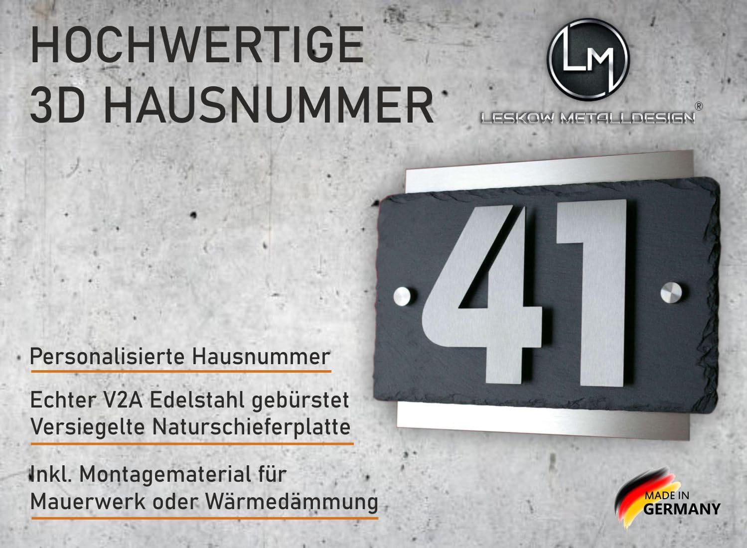 Leskow Metalldesign 3D Hausnummer aus Edelstahl und Schiefer, Individuelles Hausnummernschild, Straßenschild mit Hausnummer, Anthrazit Türschild