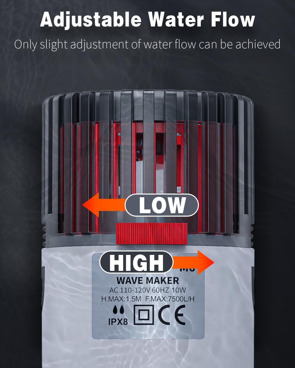 Close-up of the wave maker showing a sliding knob for adjustable water flow, with 'LOW' and 'HIGH' indicators