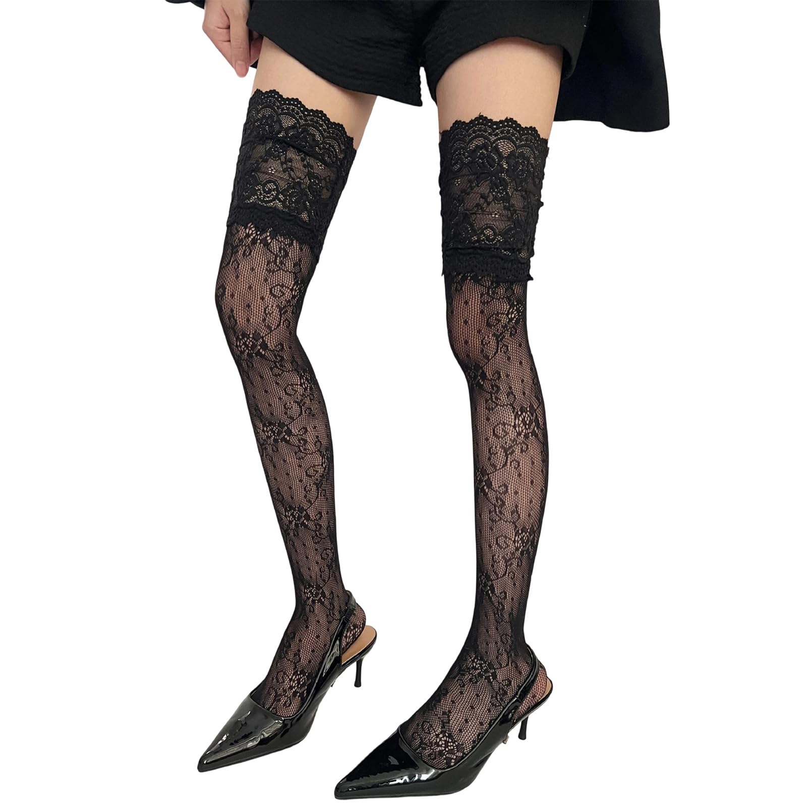 Nylon Thigh High Socks Vintage Floral Lace Fishnets Design Over Knee Stockings for Women Daily and Party Hosiery Over Knee Nylon Stockings with Floral Design