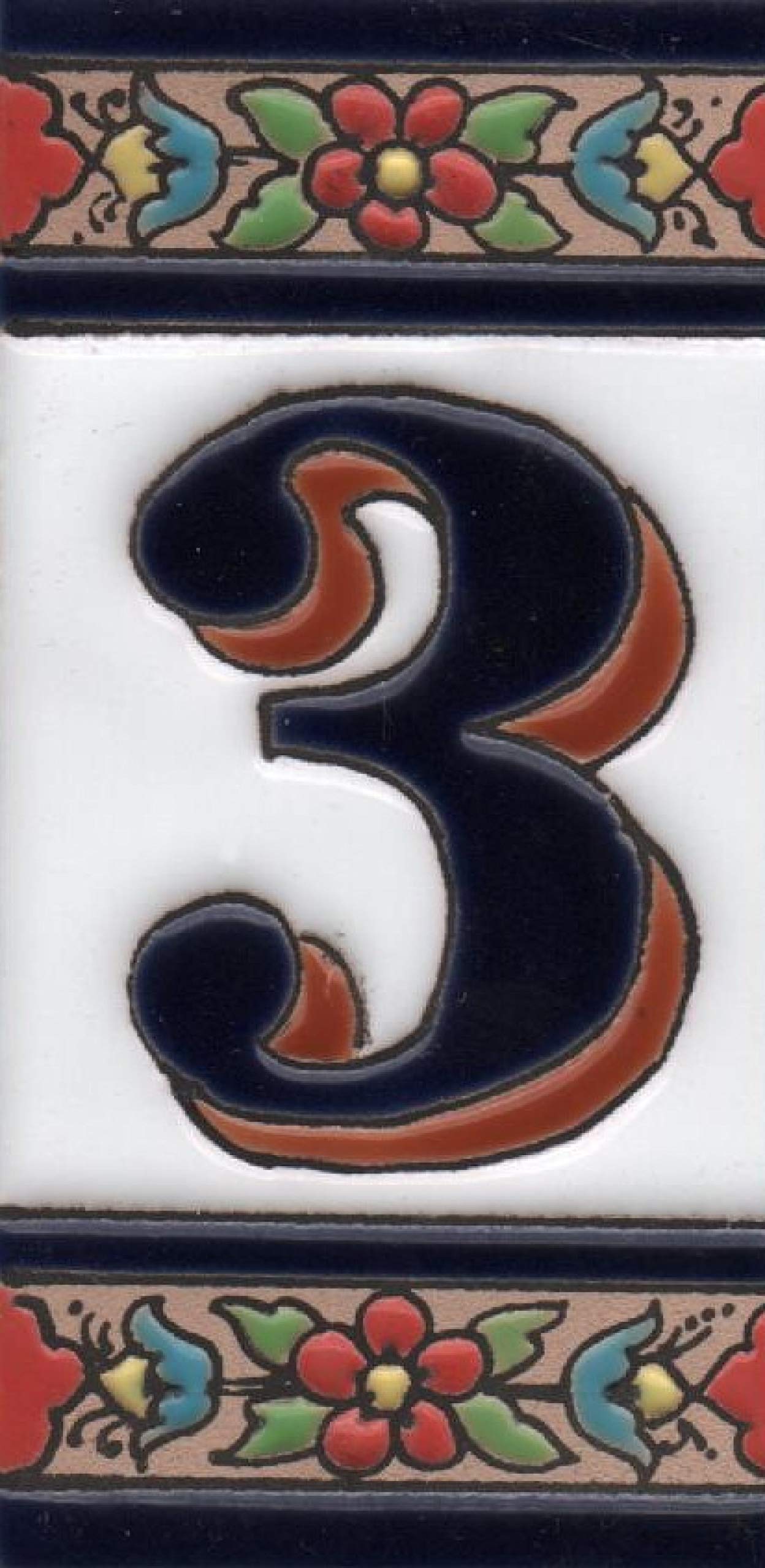 House Numbers Ceramic Numbers & Letters Tiles Red Blue & Green Floral Design Tile Size: 11cm x 5.5cm (Number 3)