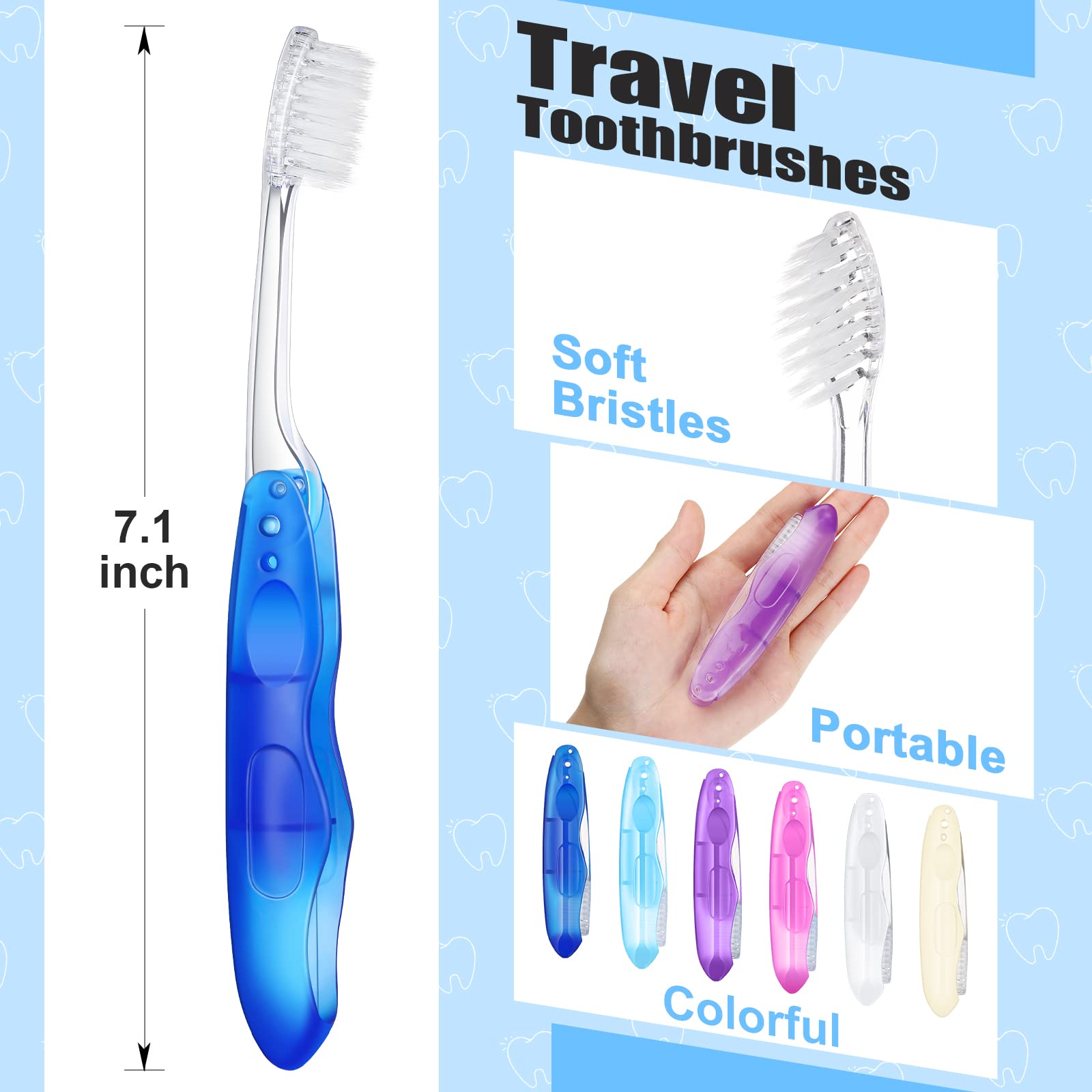 Nuogo 100 spazzolini da denti pieghevoli da viaggio, portatili, morbidi, pieghevoli, per bambini, adulti, campeggio, escursionismo, viaggi, 6 colori