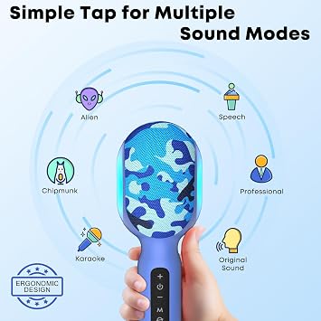Karaoke Microphone Wireless Bluetooth with Speaker, Portable Handheld Mic for Kid Adult, 6 Voice Changer & 4 LED Light Effects, Singing Microphone with Speech Mode, Birthday Gift for Girls Boys Teens