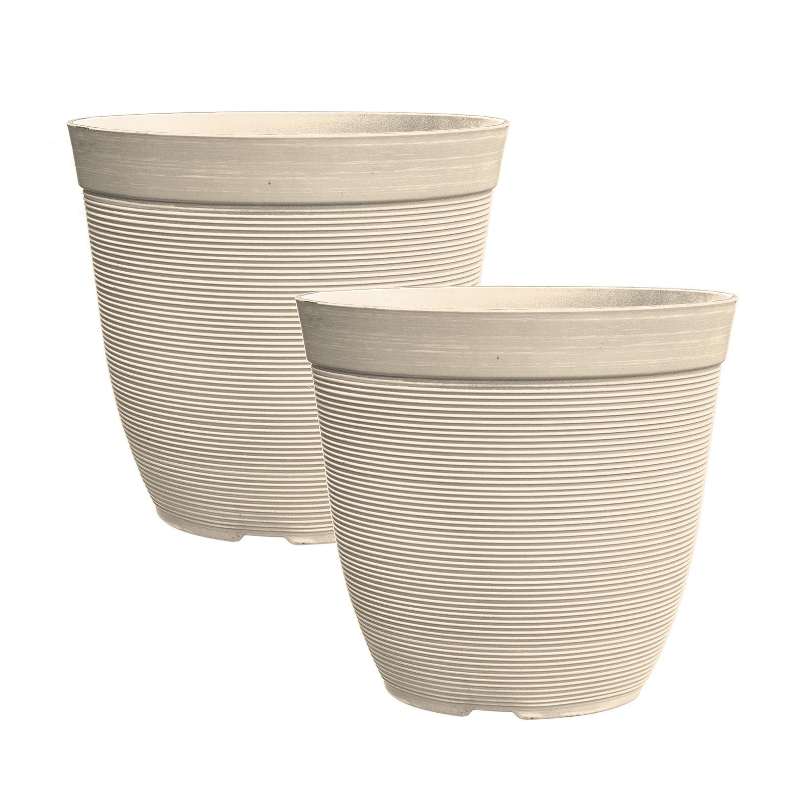 Simpa Beige Rustic Ridge Plastic Planter Pots - Set Of 2 Pots - 28Cm (H) X 30Cm Diameter