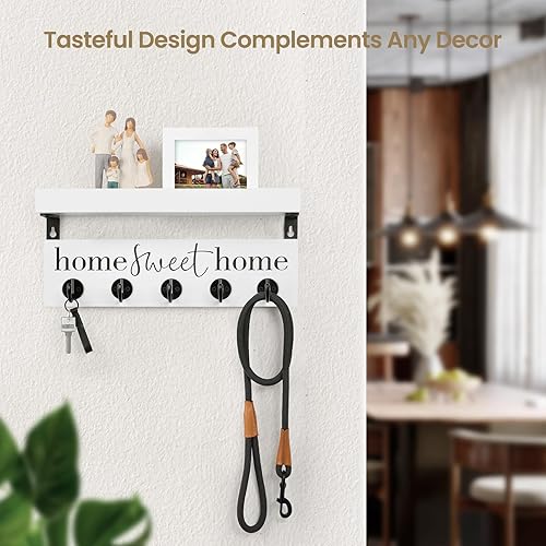 Miniatura 4 de FIPUTE Soporte de pared para llaves, estante rústico con ganchos para abrigos, correas, madera de Paulownia con ganchos de metal para llaves mejora