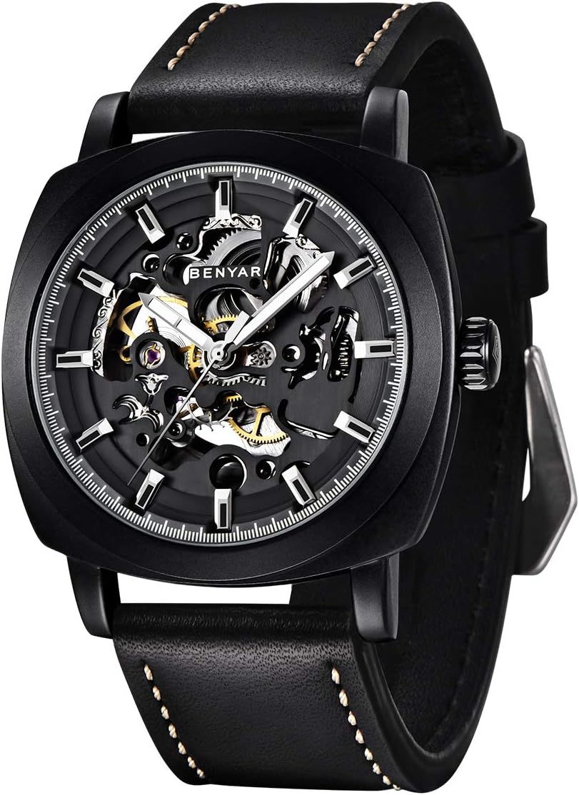 BY BENYAR Automatic Watch for Men Skeleton Mechanical 45mm Square Mens Watches 30M Waterproof Gift for Men