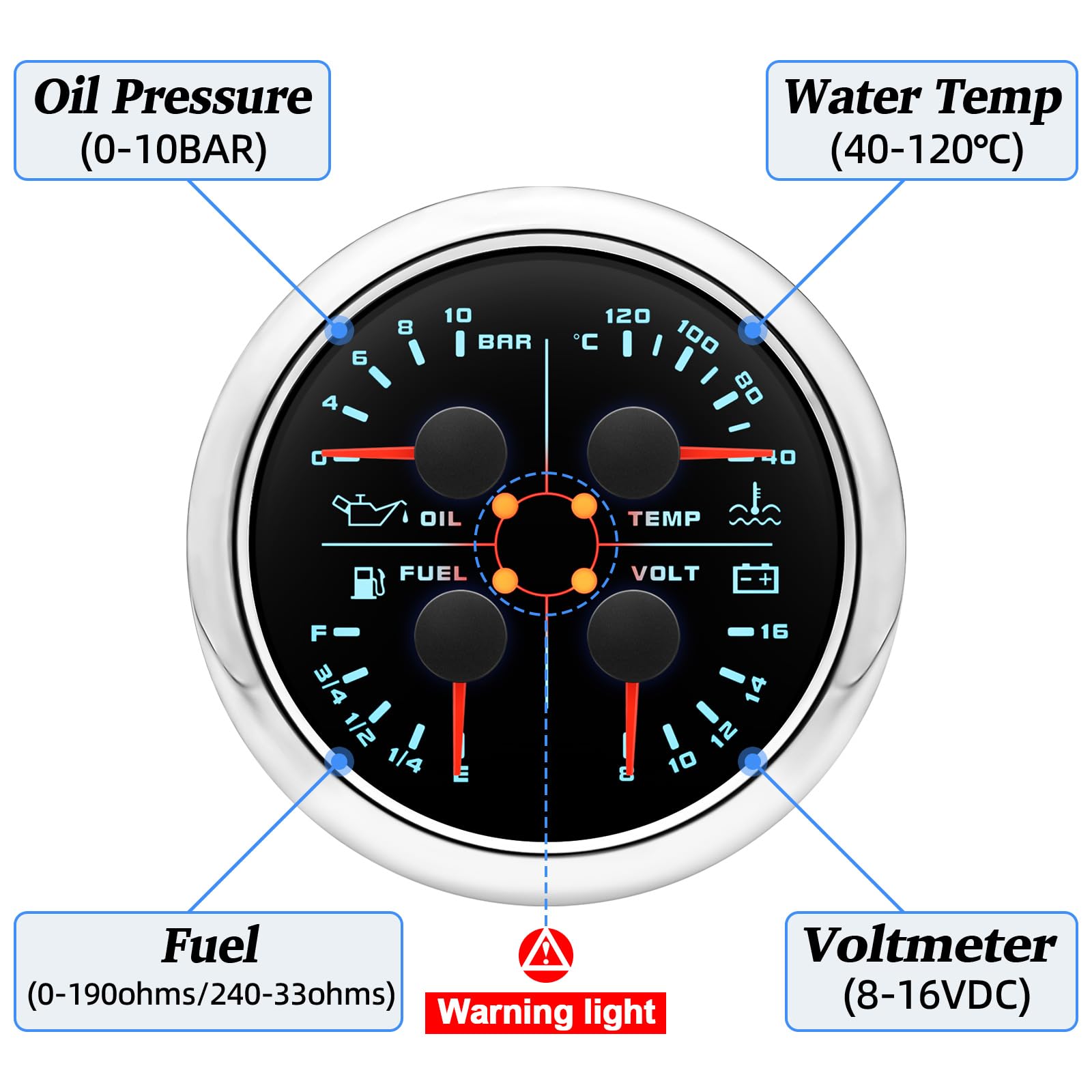 85 mm 4 en 1 medidor multifuncional, nivel de combustible impermeable 0 – 190 ohmios, presión de aceite, medidor de temperatura del agua ℃/bar para coche, caravana, barco, motocicleta