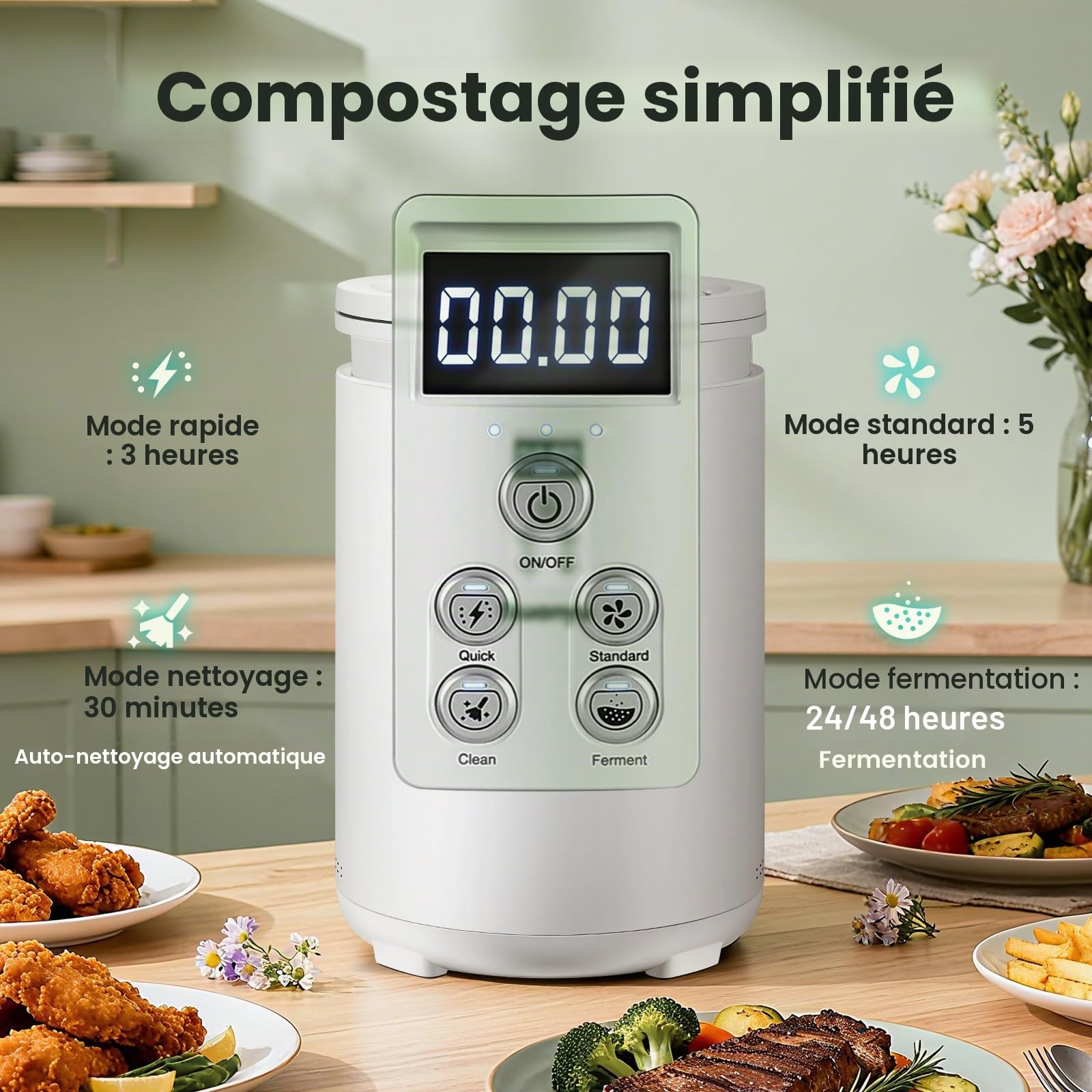 Huanyu Composteur électrique pour Cuisine 4,5 L Composteur électrique pour Cuisine Recycleur Alimentaire d'intérieur sans Odeur avec Fonction de Nettoyage Automatique Faible Niveau sonore