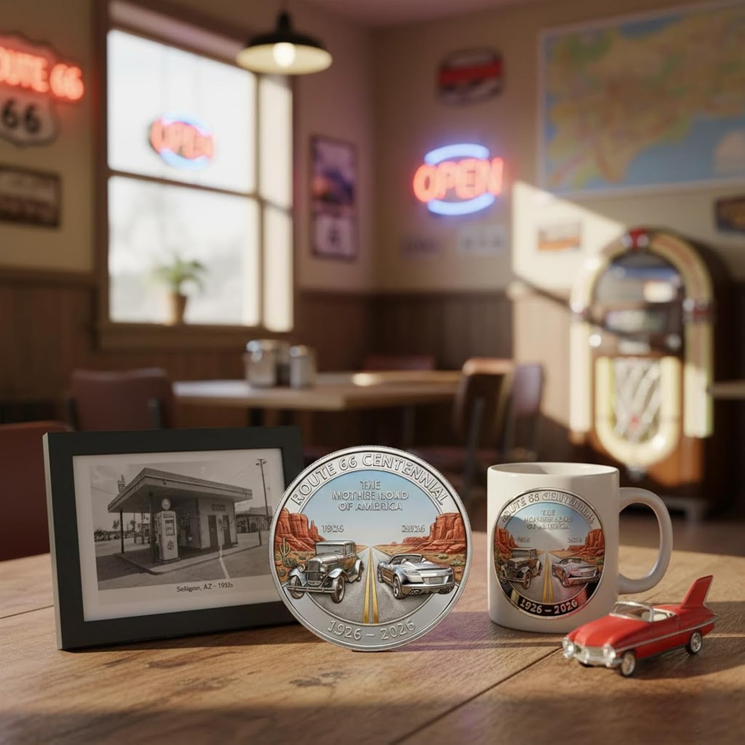 Route 66 – 100 Years of Freedom Commemorative Coin, 1926-2026 100th Anniversary of The America's Mother Road Challenge Coin, Gift for Motorcycle Car (2 PCS)