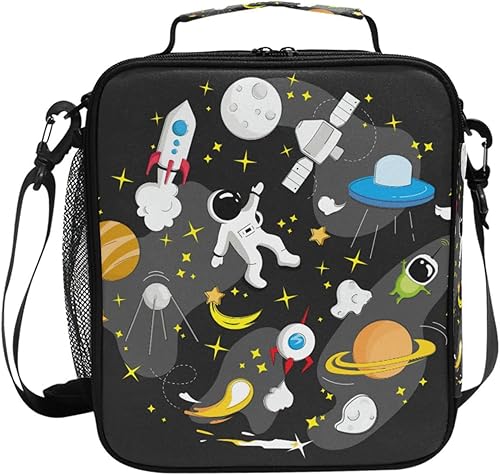 ALAZA Lonchera negra con diseño de astronauta espacial Galaxy Space para niñas y niños, bolsa de almuerzo reutilizable, kit de bolsa de almuerzo