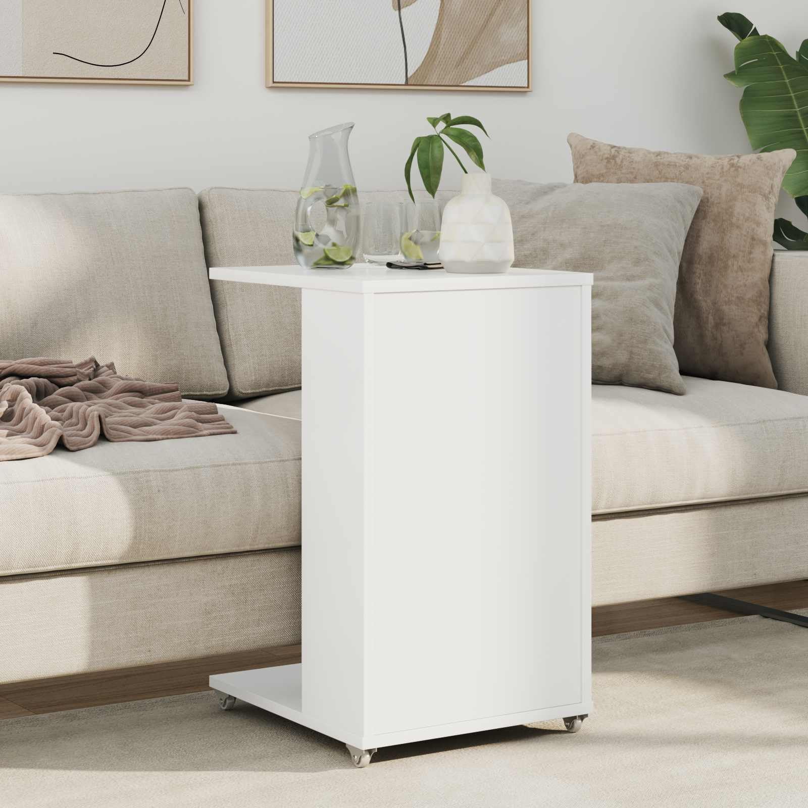 Mesa auxiliar blanca de madera con 4 ruedas, 40 x 35 x 60 cm, para salón, dormitorio, pasillo, balcón, oficina, sofá y cama con diseño moderno