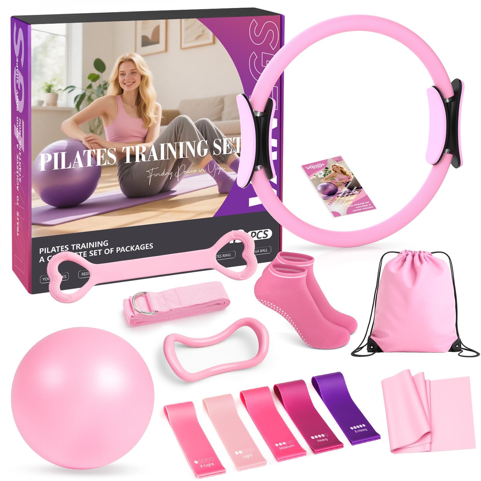 Pilates Set 13 Stück Home Pilates Essentials Workout Set ,13" /33CM Pilates Ringe, 10" /25CM Pilates Ball,Pilates Socken und Widerstandsbänder, Home Pilates Set, Pilates Set für Zuhause für Anfänger