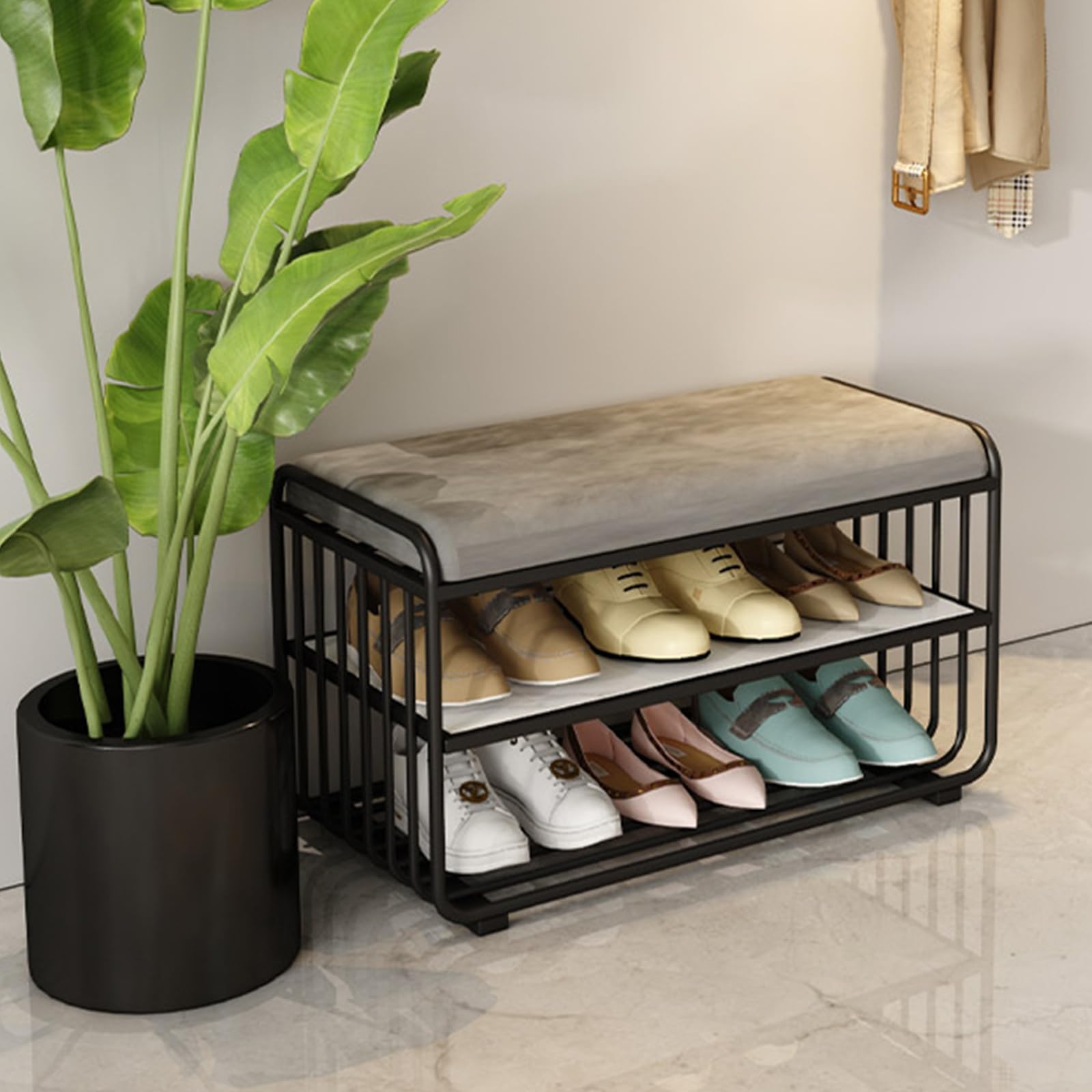 Banc à chaussures en velours à 5 niveaux et pouf moderne de rangement pour entrée