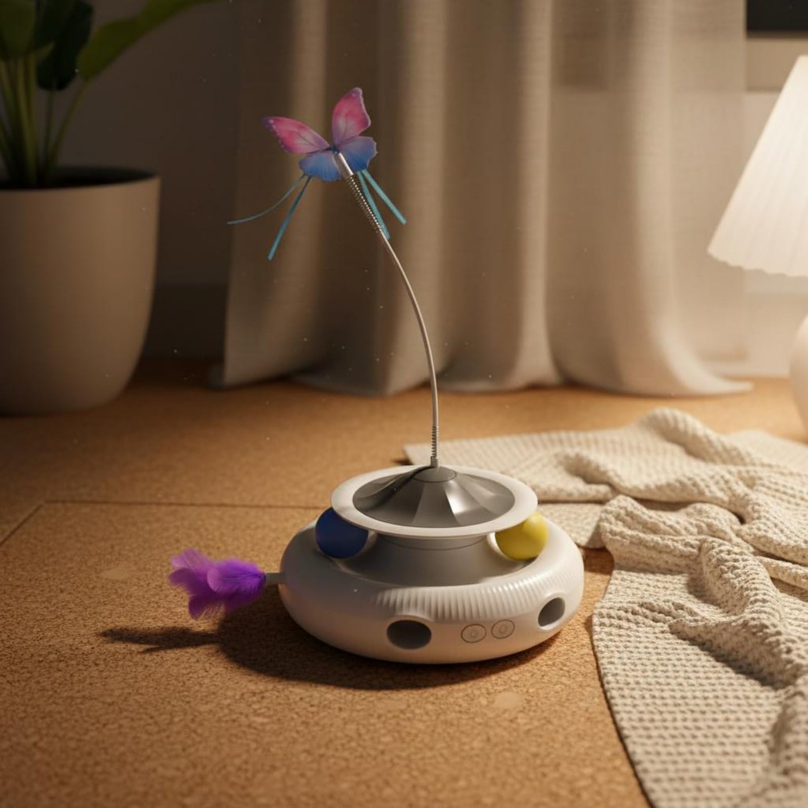 Giocattolo Interattivo per Gatti Farfalla Rotante Gioco Elettrico con Piume Asta a Molla Pista con Palline Sensore Integrato Ricarica Usb Materiale