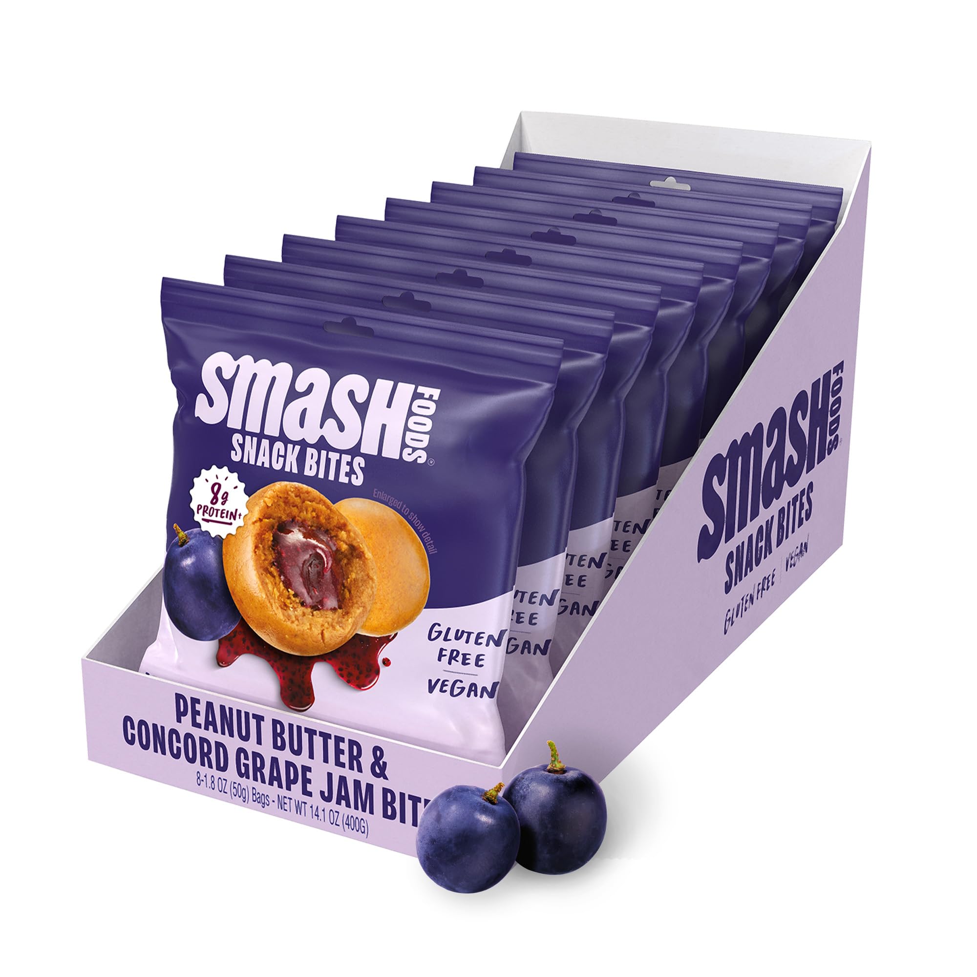 Smash Foods Grape Energy Bites | 5 Gluten-Free Vegan Snack Balls with No Sugar Added | 8g Protein, Superfood Jam, Chia Seeds | On-the-Go Convenience | Peanut Butter & Grape | 8 Packs