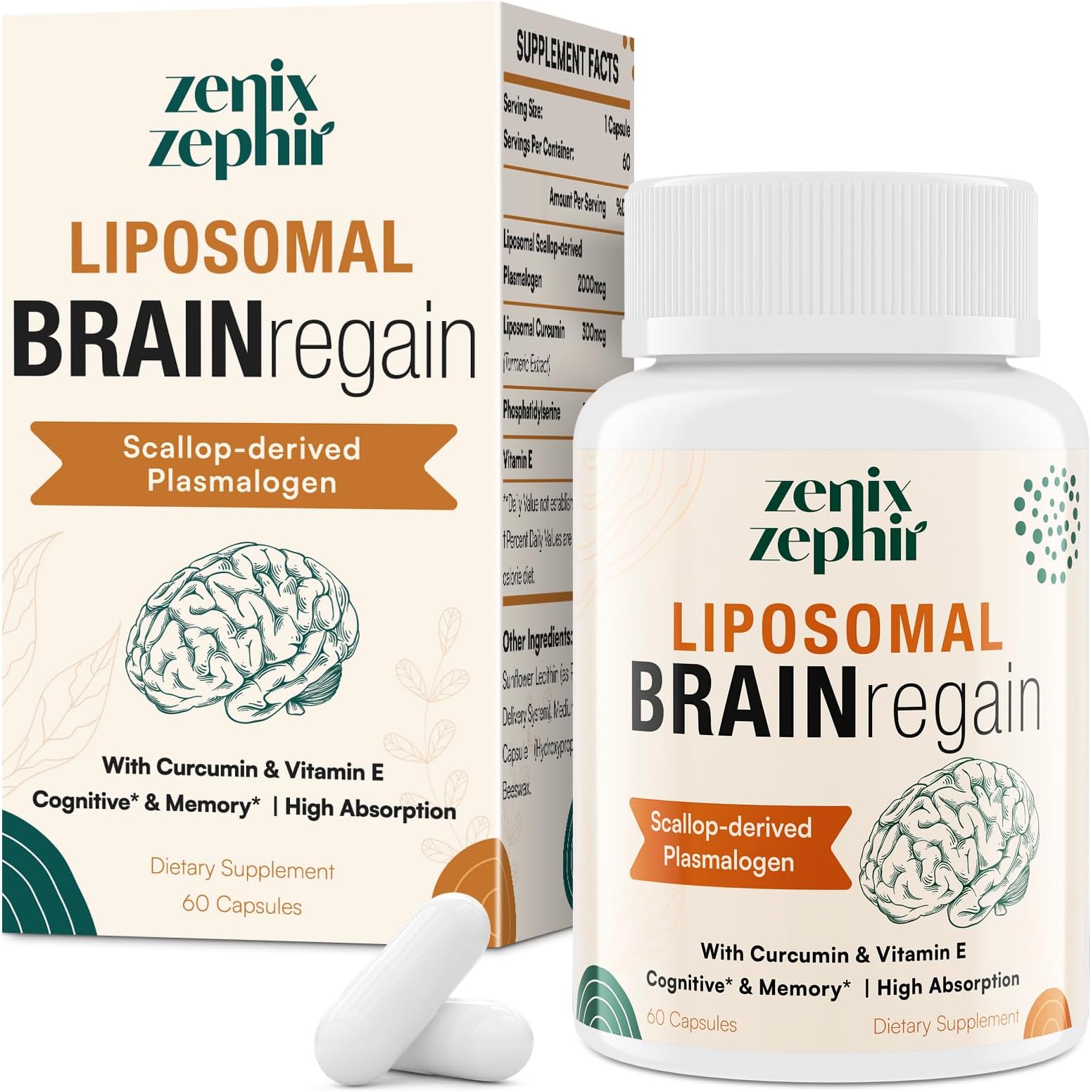 Liposomal Brain Supplements for Memory and Focus - Plasmalogen with Curcumin & Vitamin E for Better Absorption- Suitable for Seniors,Adult Men & Women Cognitive Health,High Potency 60 Servings