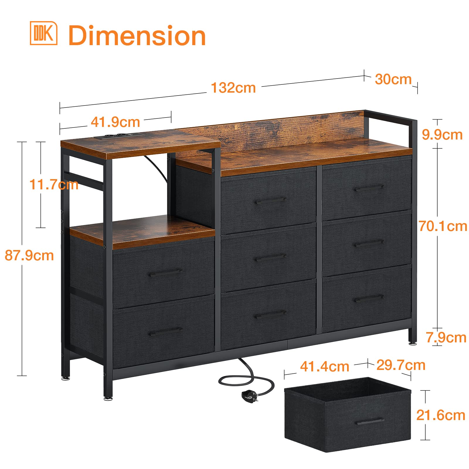 ODK Kommode mit Schubladen, 2 USB & 2 AC-Anschlüssen, 8 Schubladen aus Stoff - Geeignet für Multifunktionaler Schubladenschrank für Schlafzimmer und Wohnzimmer, 132 * 30 * 88 cm,Vintage und Schwarz