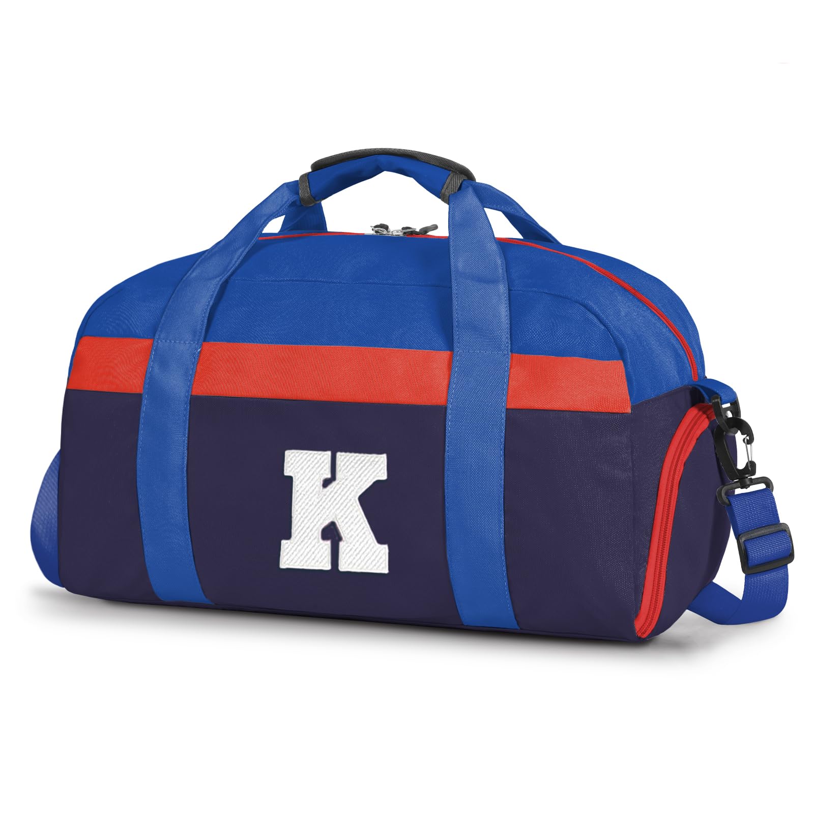 Initial Kids Duffle Bag for Boys or Girls, Kids Overnight Bag with Shoe Compartment, Personalized Weekender bags, Birthday Gifts for Women Boys Girls(Red Blue-LetterK)