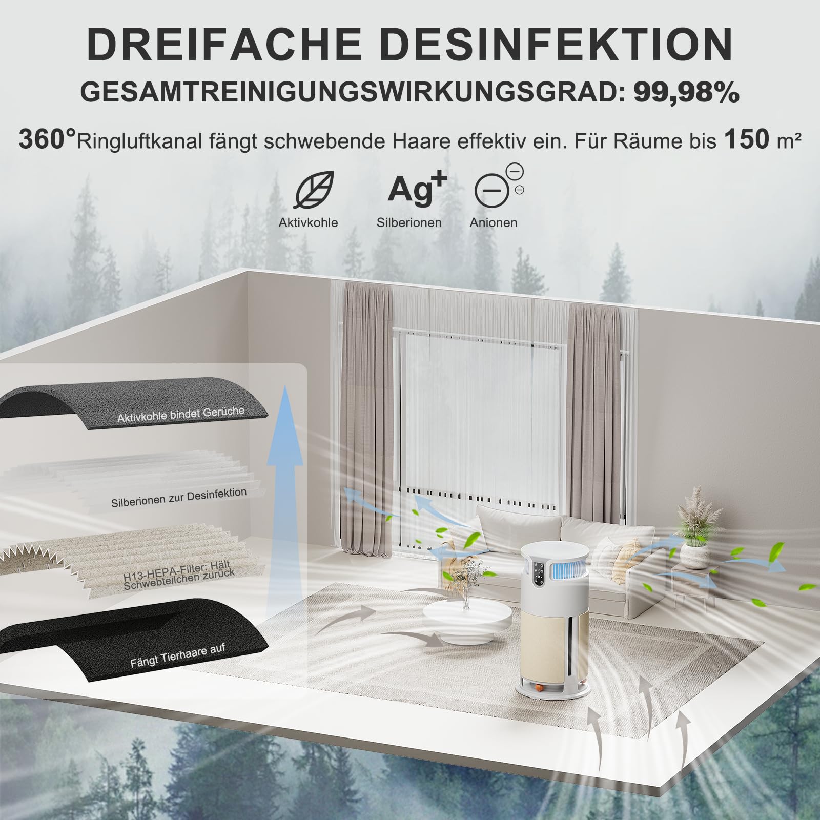 JUMMICO Haustier-spezifischer Luftreiniger - Air Purifier 100m² Abdeckung, abnehmbares Kratzbrett + 3 Bälle, H13 HEPA-Filter, CADR 350m³/h, APP-Steuerung, leise, entfernt Tierhaare & Gerüche