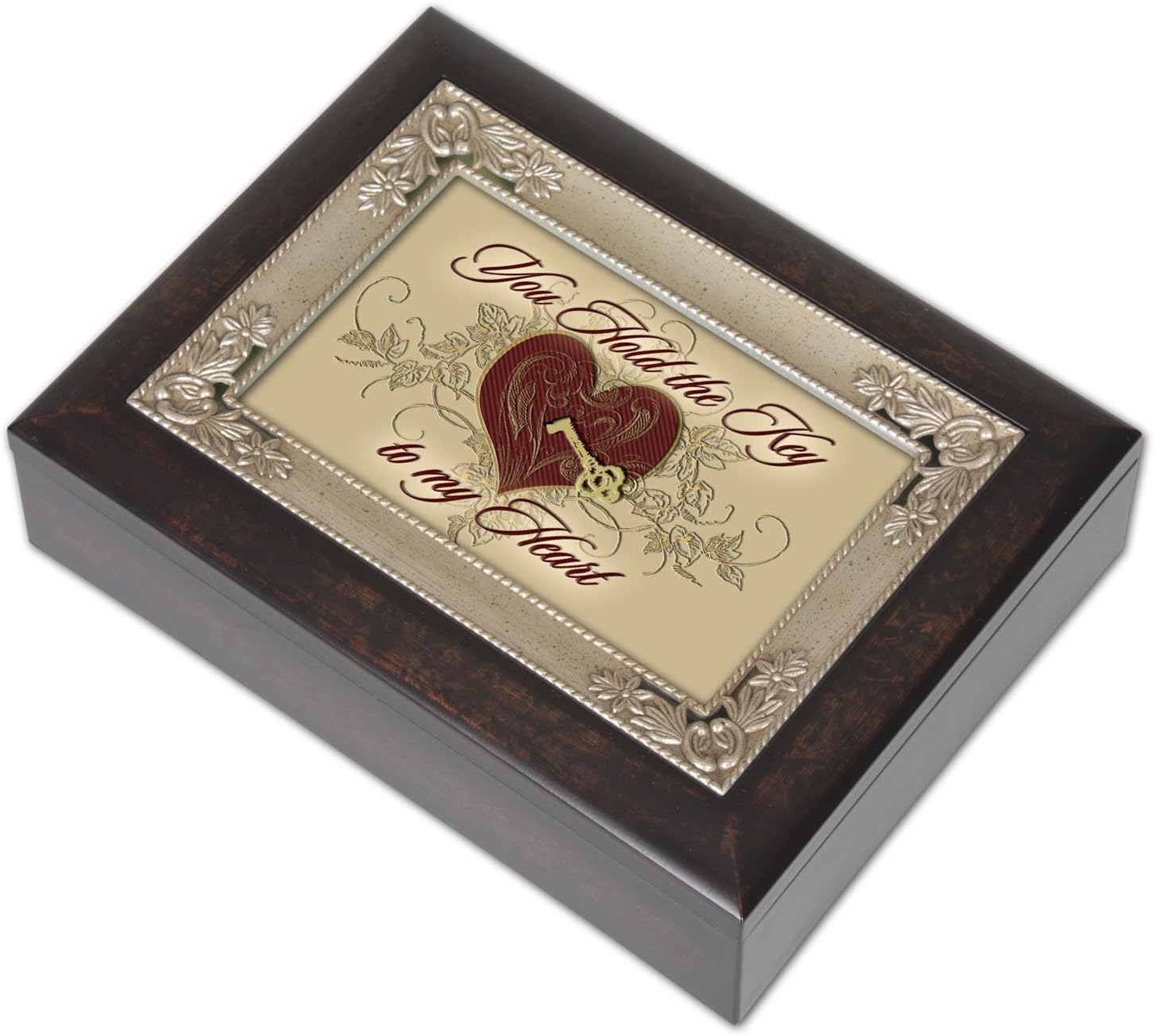 Cottage Garden You Hold The Key to My Heart Vine Burlwood Jewelry Music Box Plays Amazing Grace