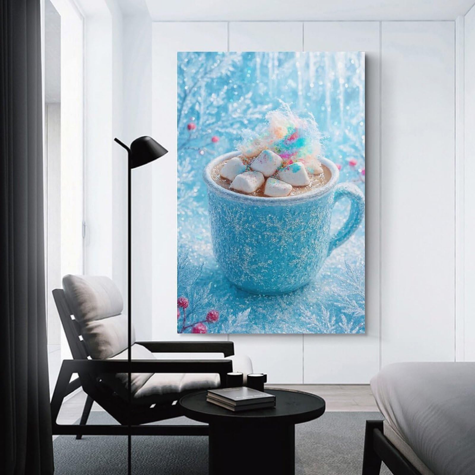 Junmoney Hanging Wall Art Winter Hot Chocolate with Marshmallows, 12x18inch(30x45cm), for Wall Displays, Bedrooms Or Room Updates, Wall Decor Suited to Curated Displays